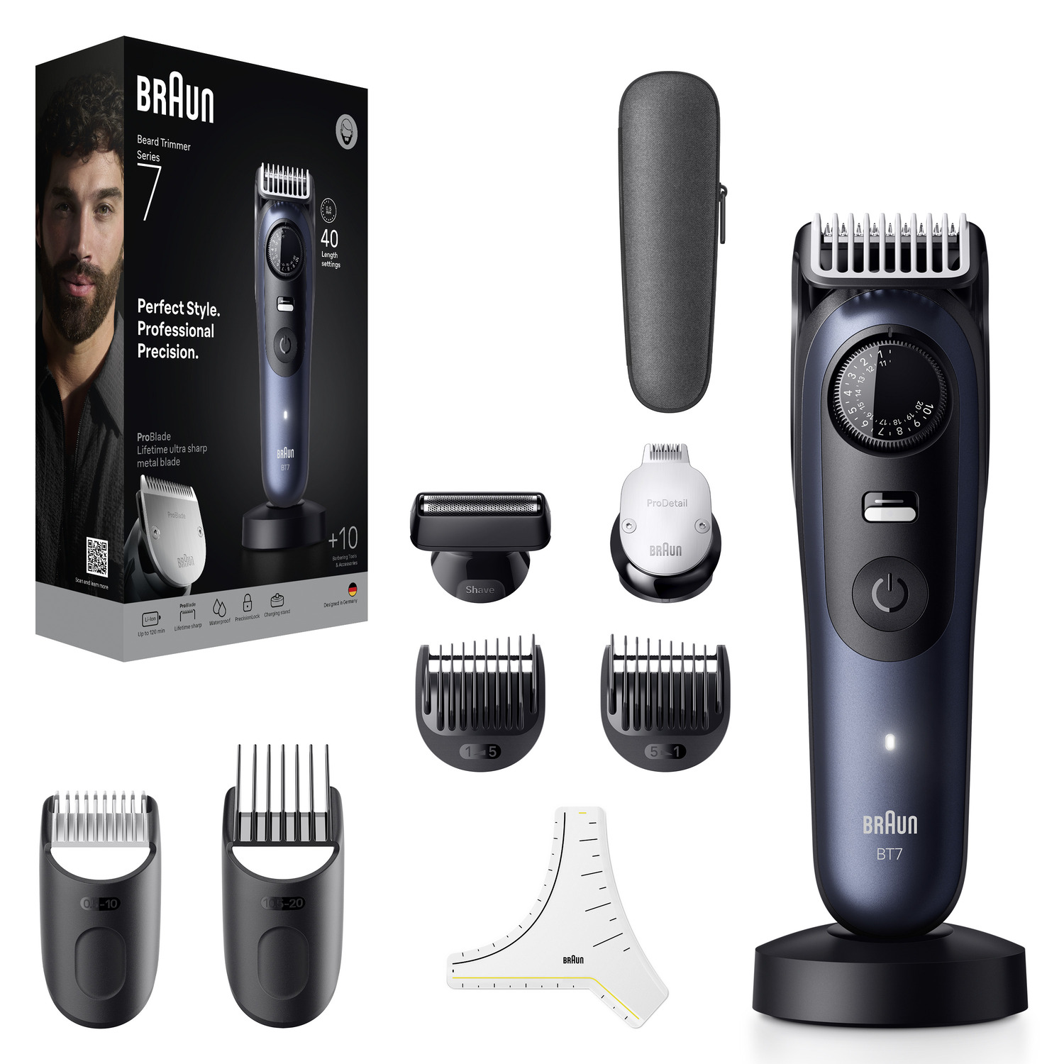Braun Beard Trimmer Series 7, product box, and accessories laid out.