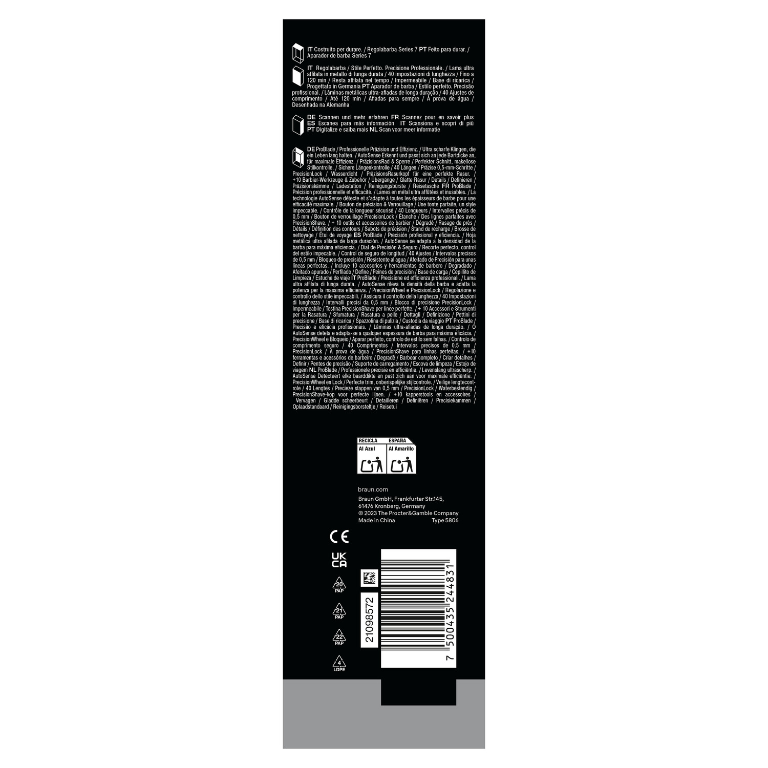 A product packaging with text and logos. The text is in multiple languages. The background is gray.