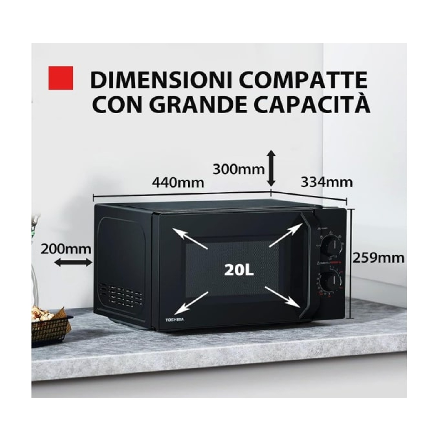 Microonde Toshiba nero. Dimensioni: 440x300x334mm, capacità 20L. Elettrodomestico.