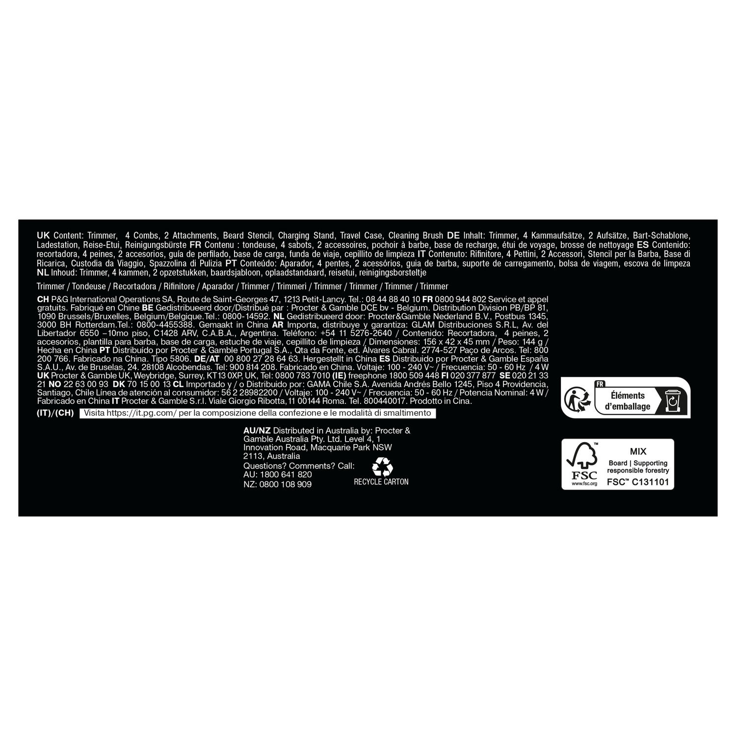 A product packaging with a lot of text in many languages.