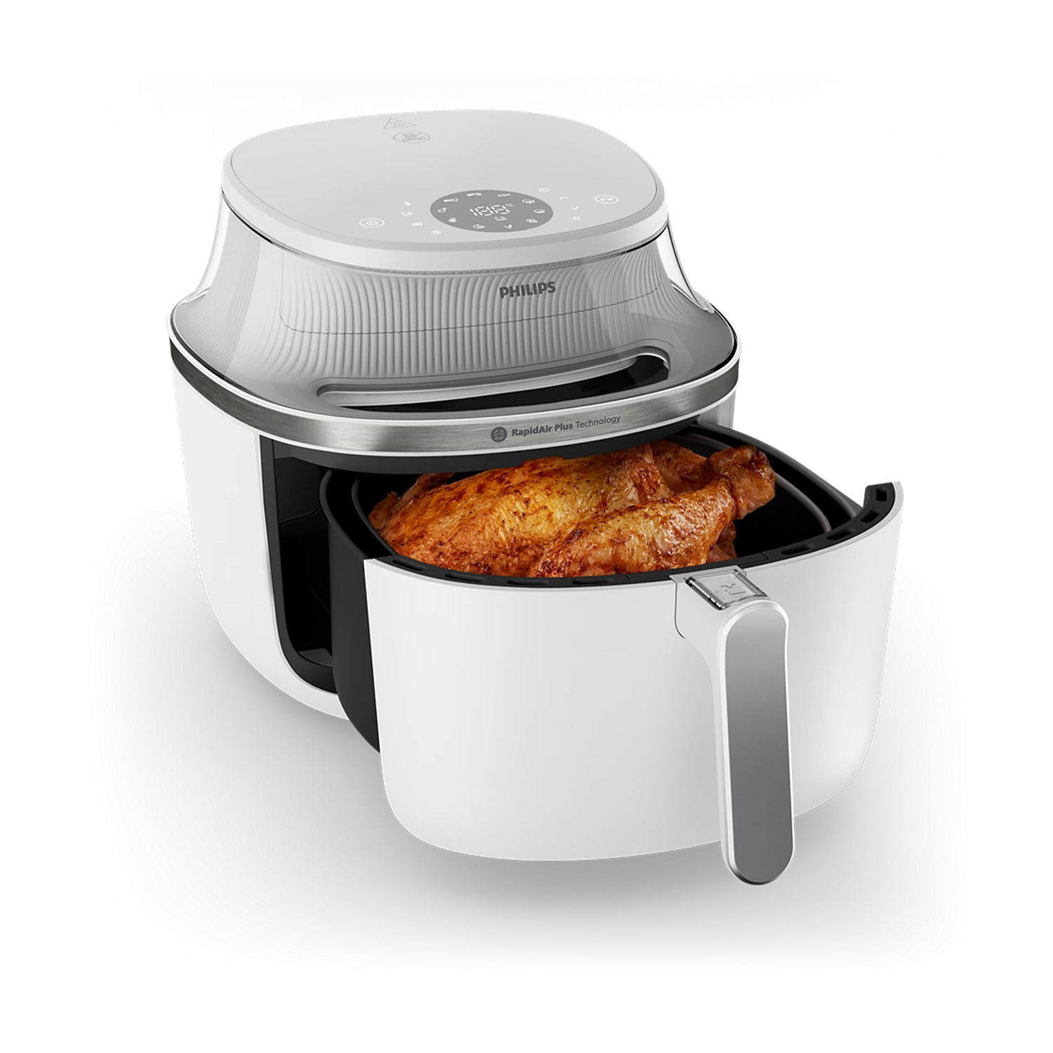 Friggitrice ad aria Philips bianca con pollo cotto visibile all'interno.