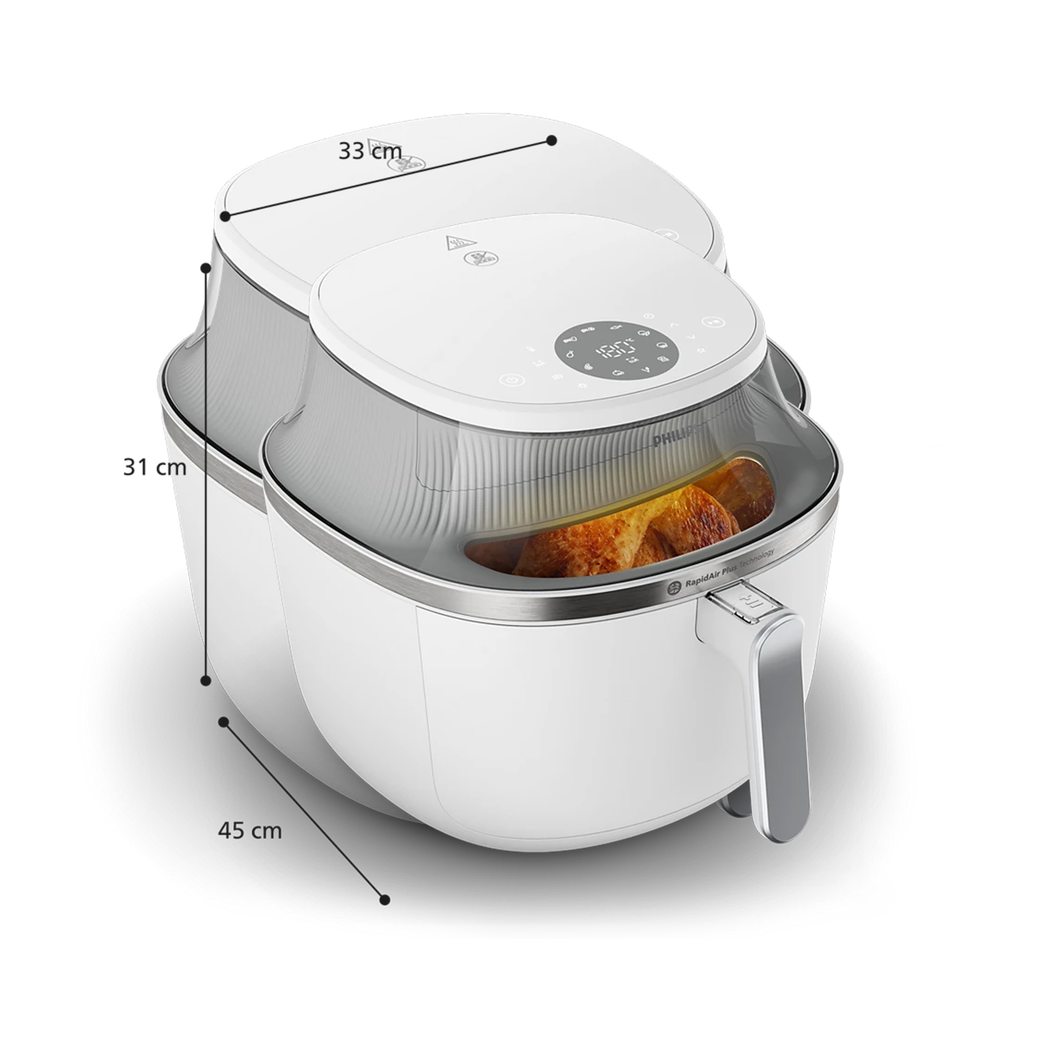 Friggitrice ad aria Philips bianca con dimensioni indicate. Cibo cotto all'interno.