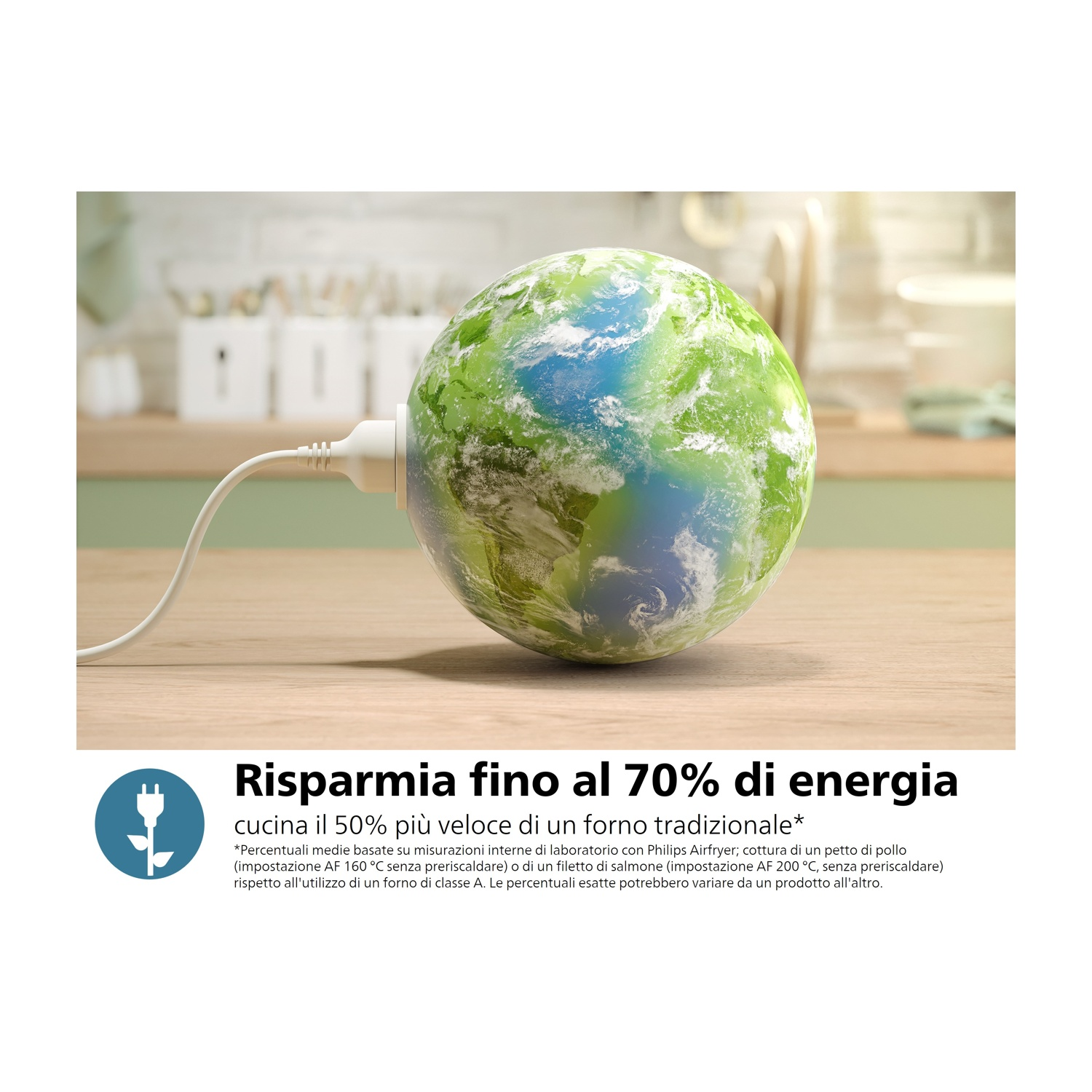 Globo collegato a una presa a muro; rappresenta il risparmio energetico.
