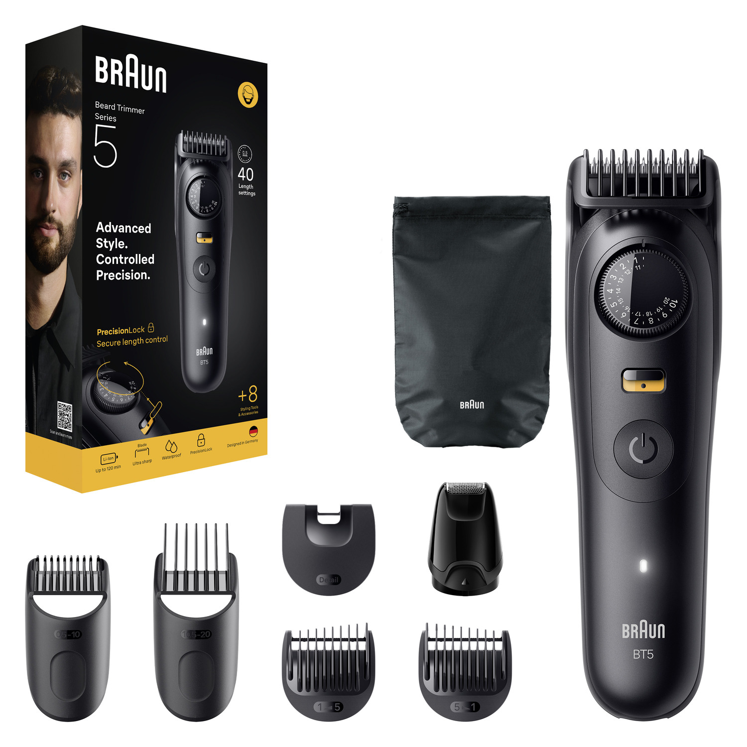 Braun BT5 beard trimmer with accessories displayed on white background.