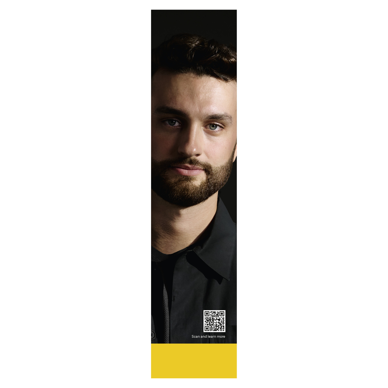 Man with a beard, in a black shirt, with a QR code at the bottom.