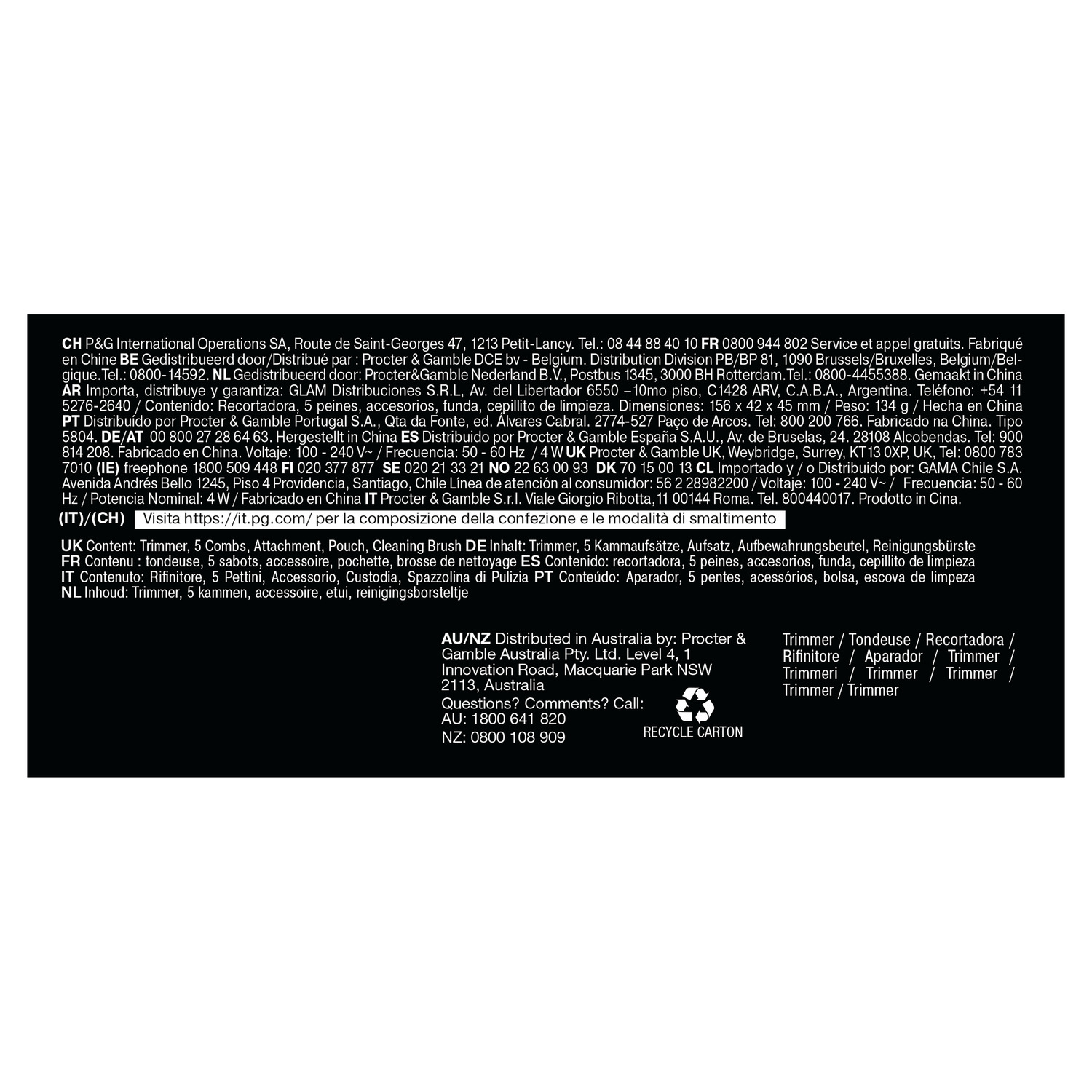 Text with product information and recycling symbols. Black background with white text.