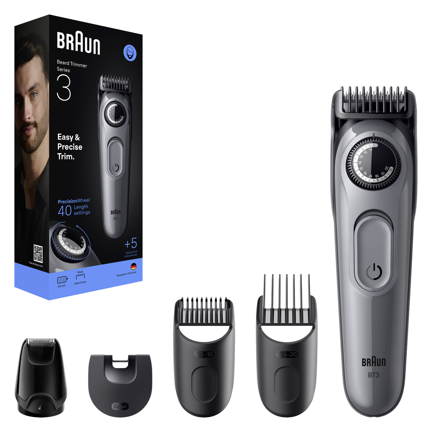 Braun Series 3 beard trimmer with box and accessories. Man's face on box.