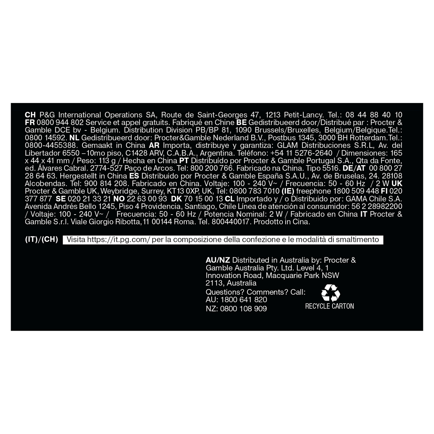Text with product information and recycling symbols. Black background with white text.