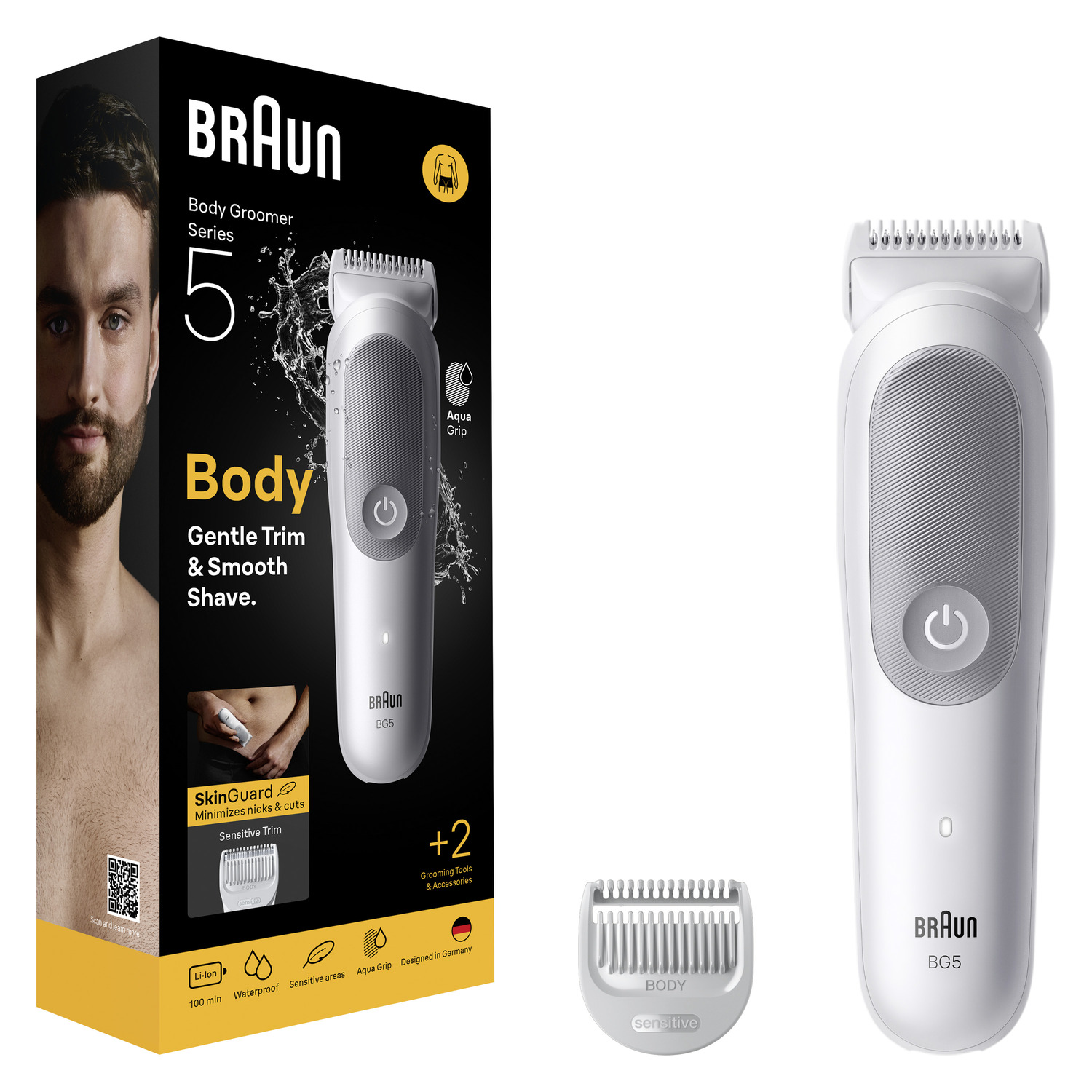 Braun Body Groomer Series 5 packaging with a man and shaver, plus shaver parts.