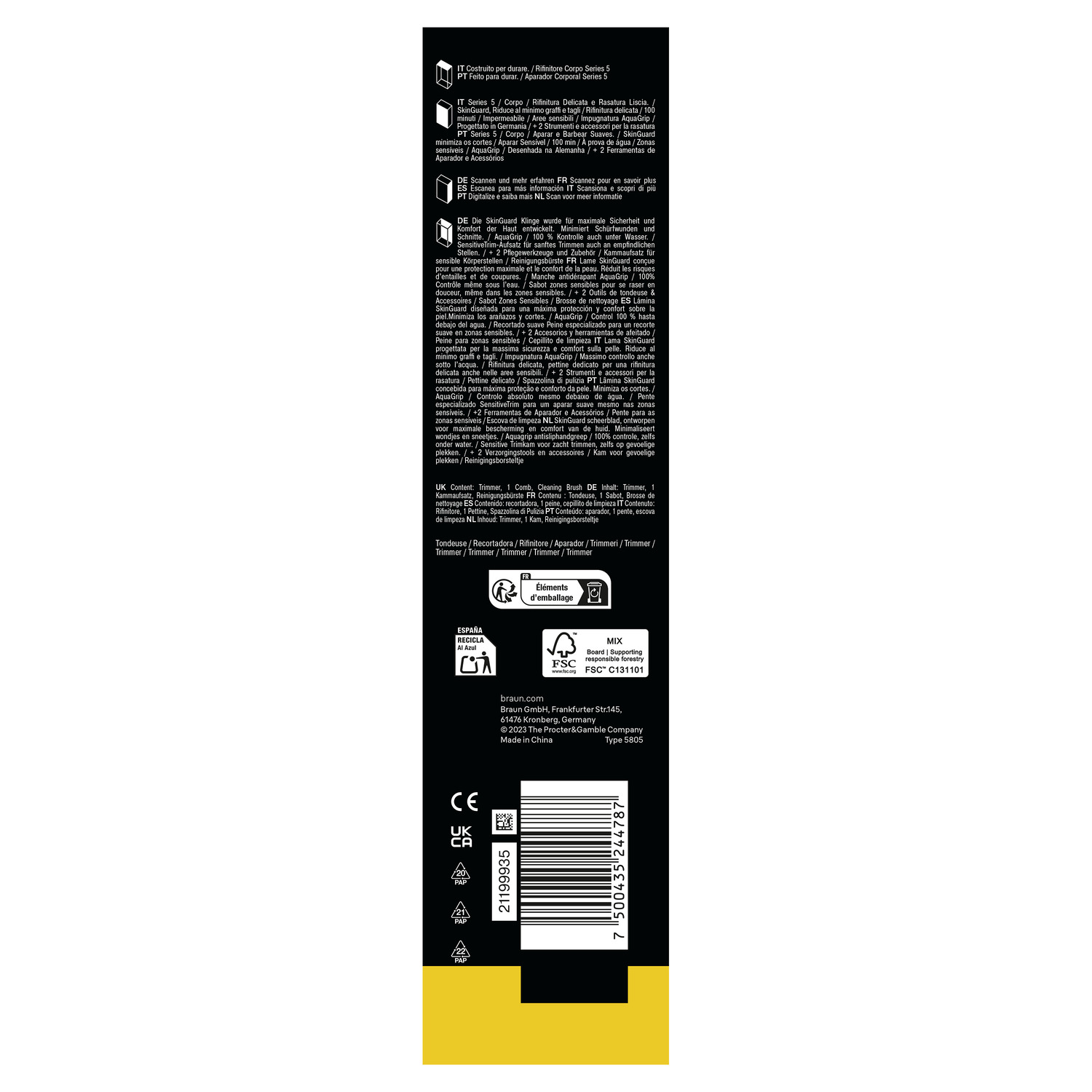Back of a product package with text in multiple languages, including warranty information.