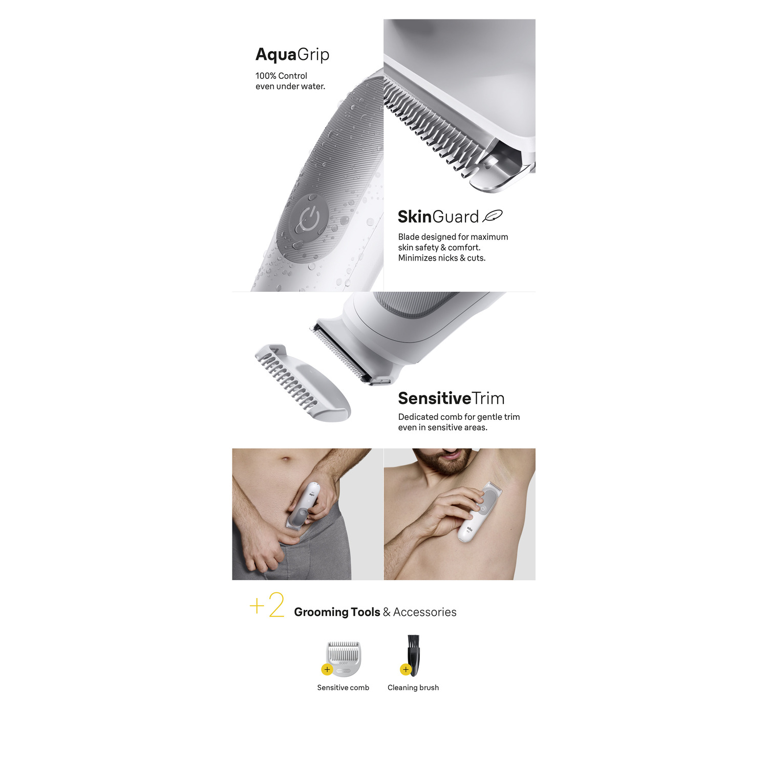 Multiple images showing Braun shaver features, including AquaGrip, SkinGuard, and SensitiveTrim.