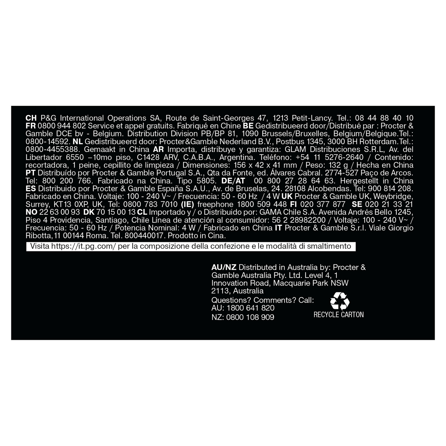 A product information page with text in multiple languages, including contact details.