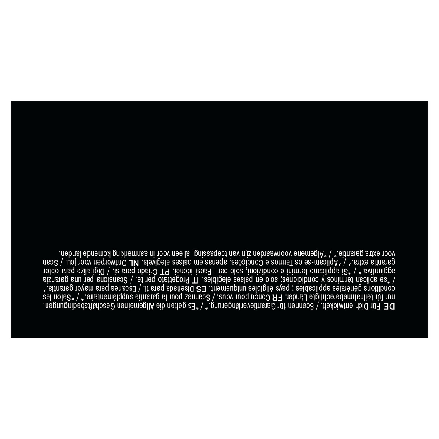 A black background with text in multiple languages, including warranty information.