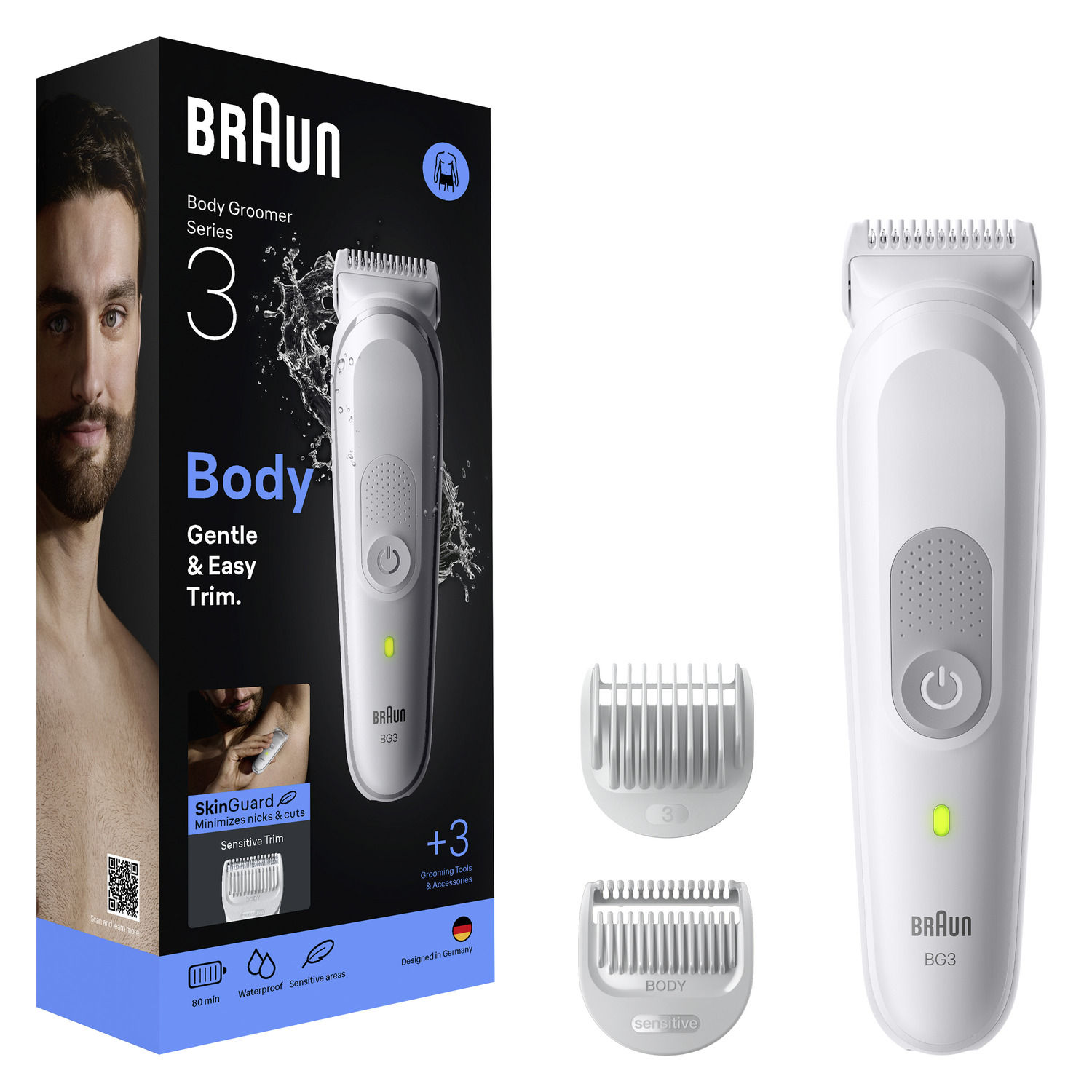 Braun Body Groomer Series 3 packaging, shaver, and attachments, with a man on the box.