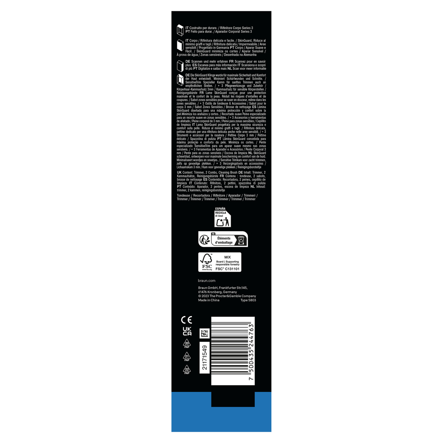 Back of the Braun Body Groomer Series 3 packaging with text in multiple languages.
