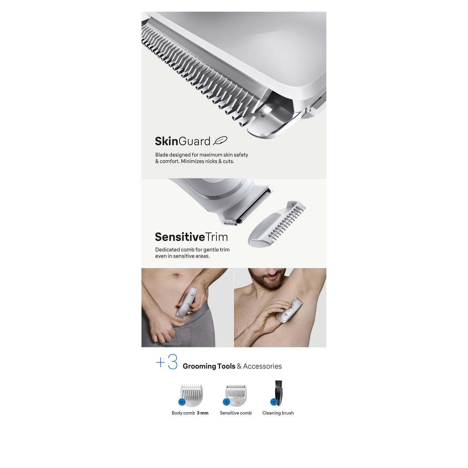 Multiple images of a Braun shaver and its accessories, including SkinGuard and SensitiveTrim.