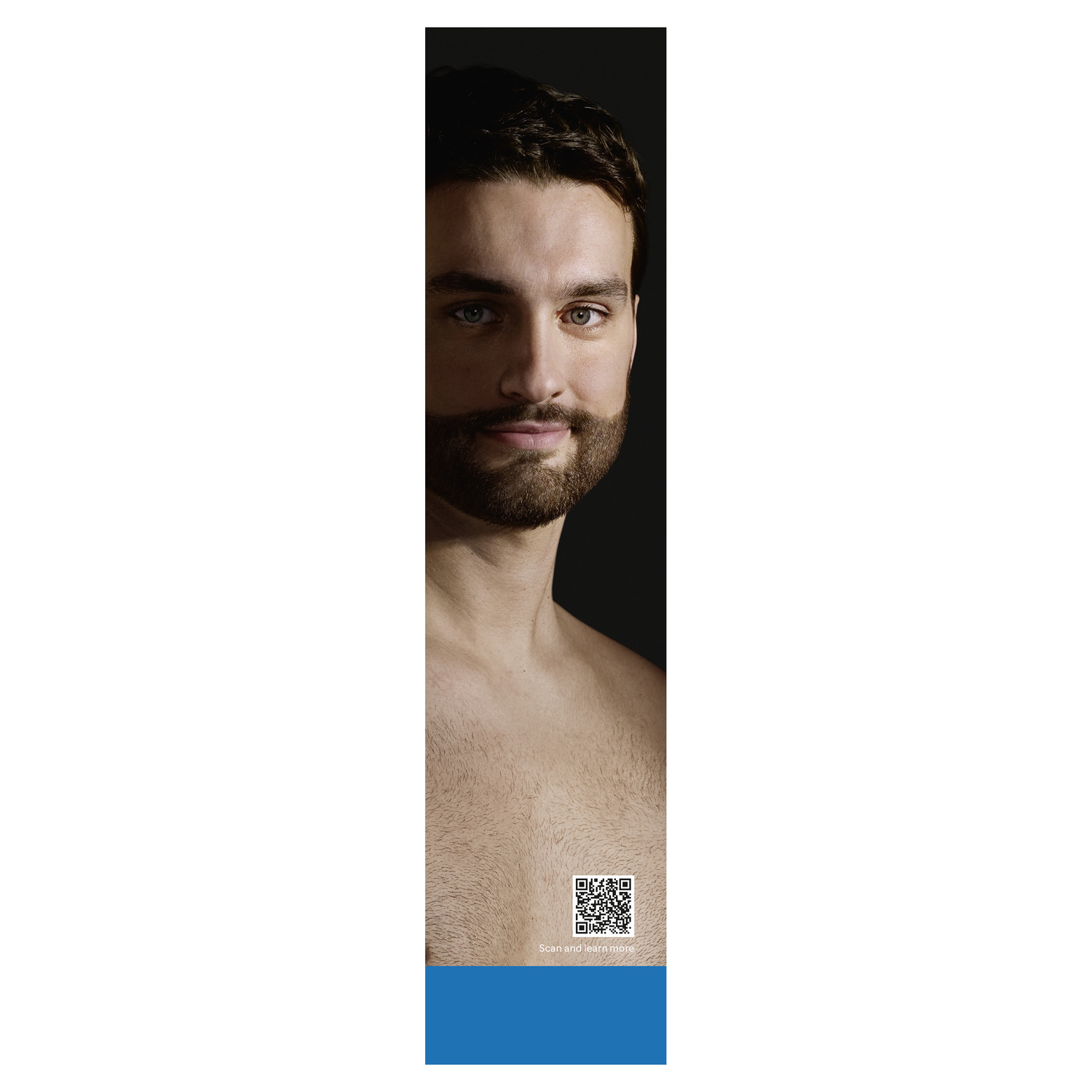 A man's face, with beard and a QR code.