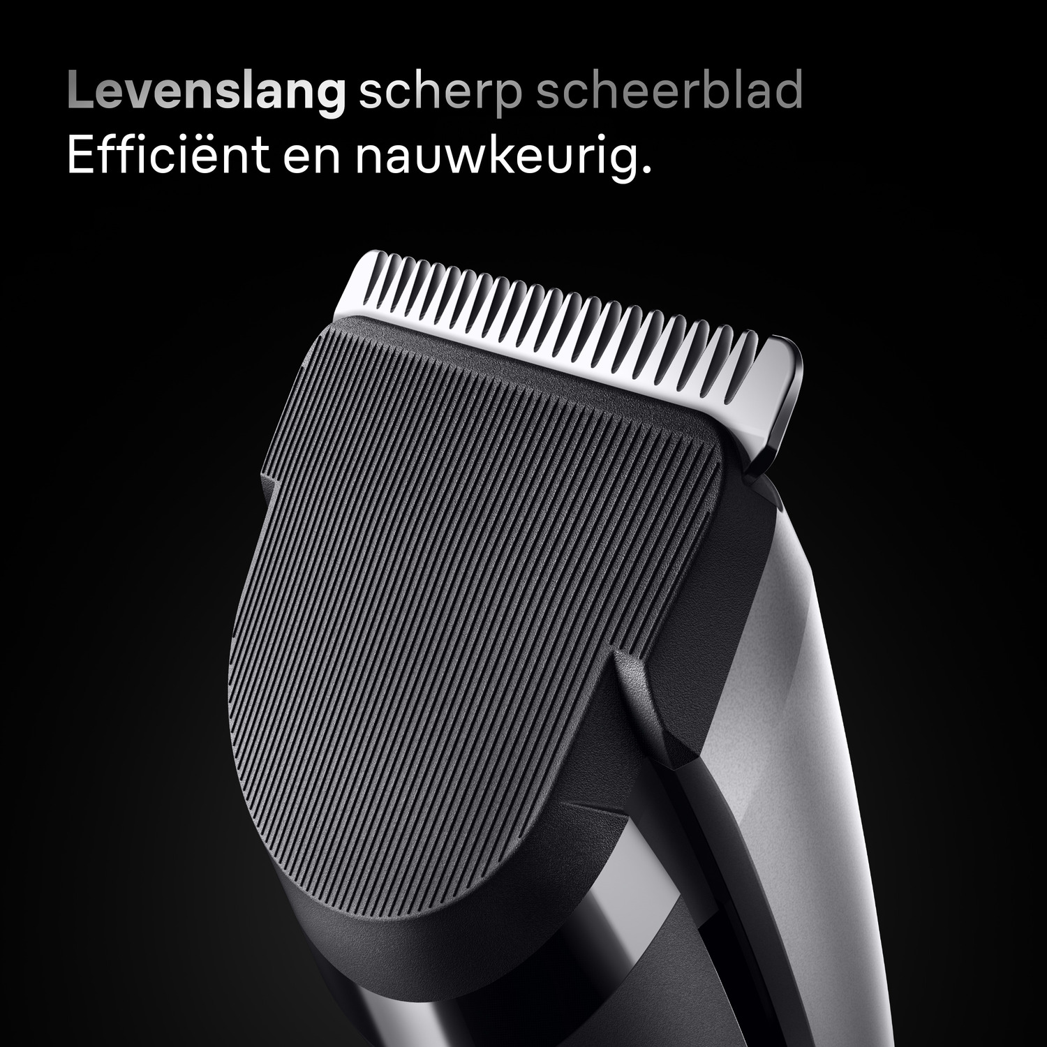 Close-up of a trimmer head with blades. Text: Long-lasting sharp blade.