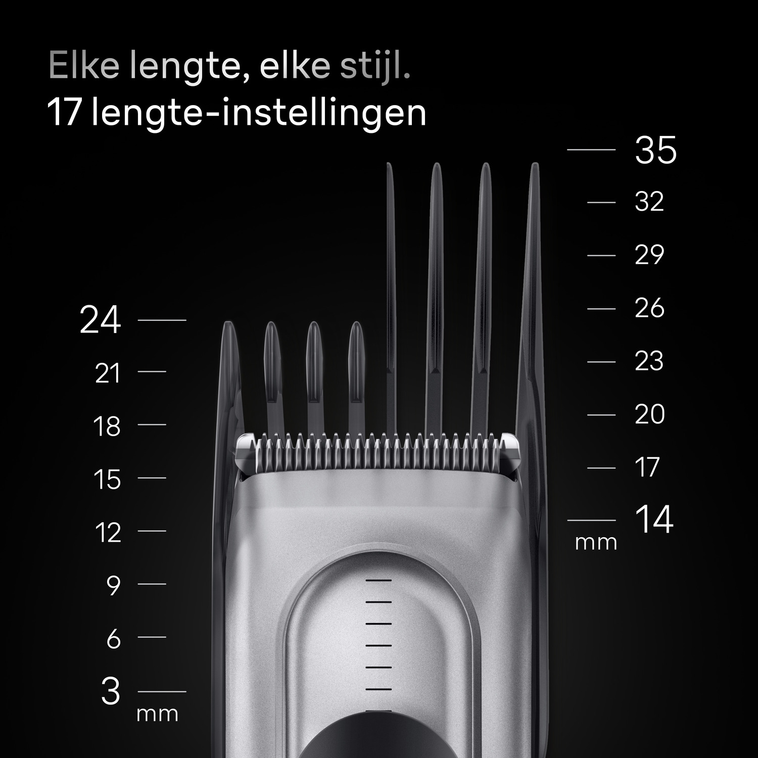 Trimmer with length settings. Text: 17 length settings. Numbers on the side.