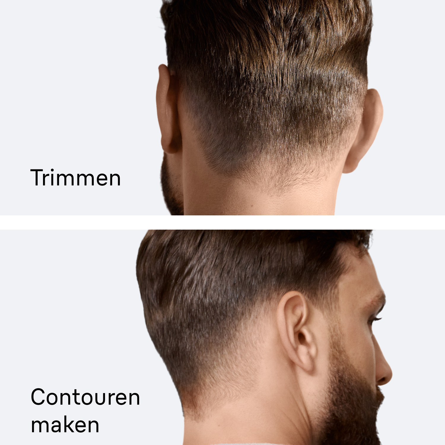 Two haircuts shown. Text: Trimming and Contouring.