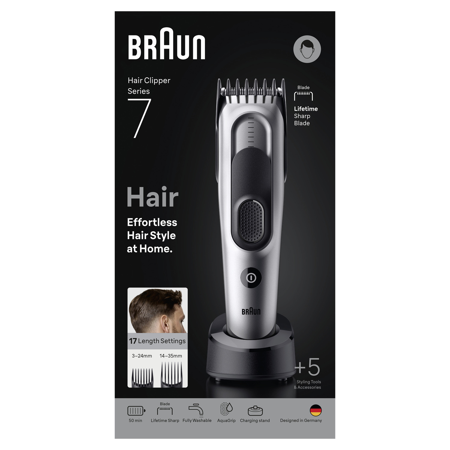 Boîte avec une tondeuse à cheveux Braun, détails et image de la tondeuse.