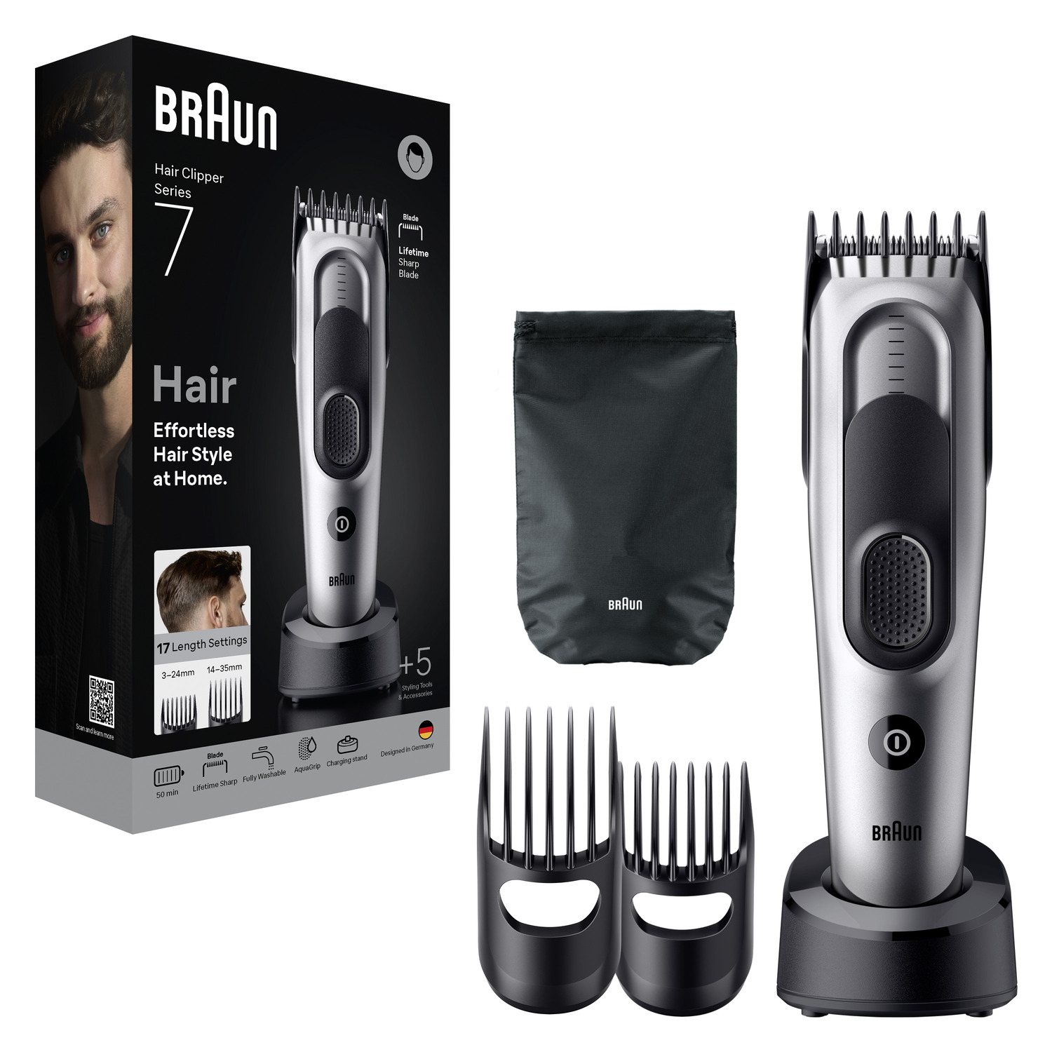 Boîte de produit avec tondeuse, accessoires et photo d'un homme. Texte : Cheveux. Coiffure sans effort.