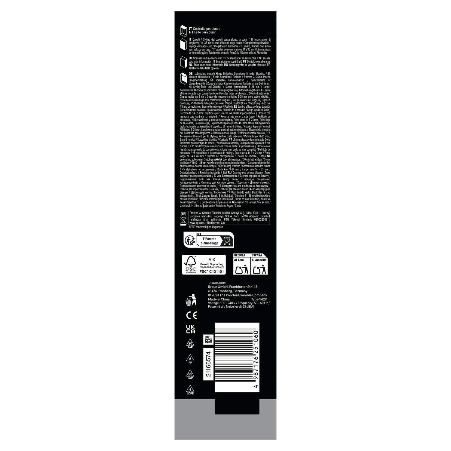 Texte avec détails de l'entreprise et informations de recyclage sur fond blanc.