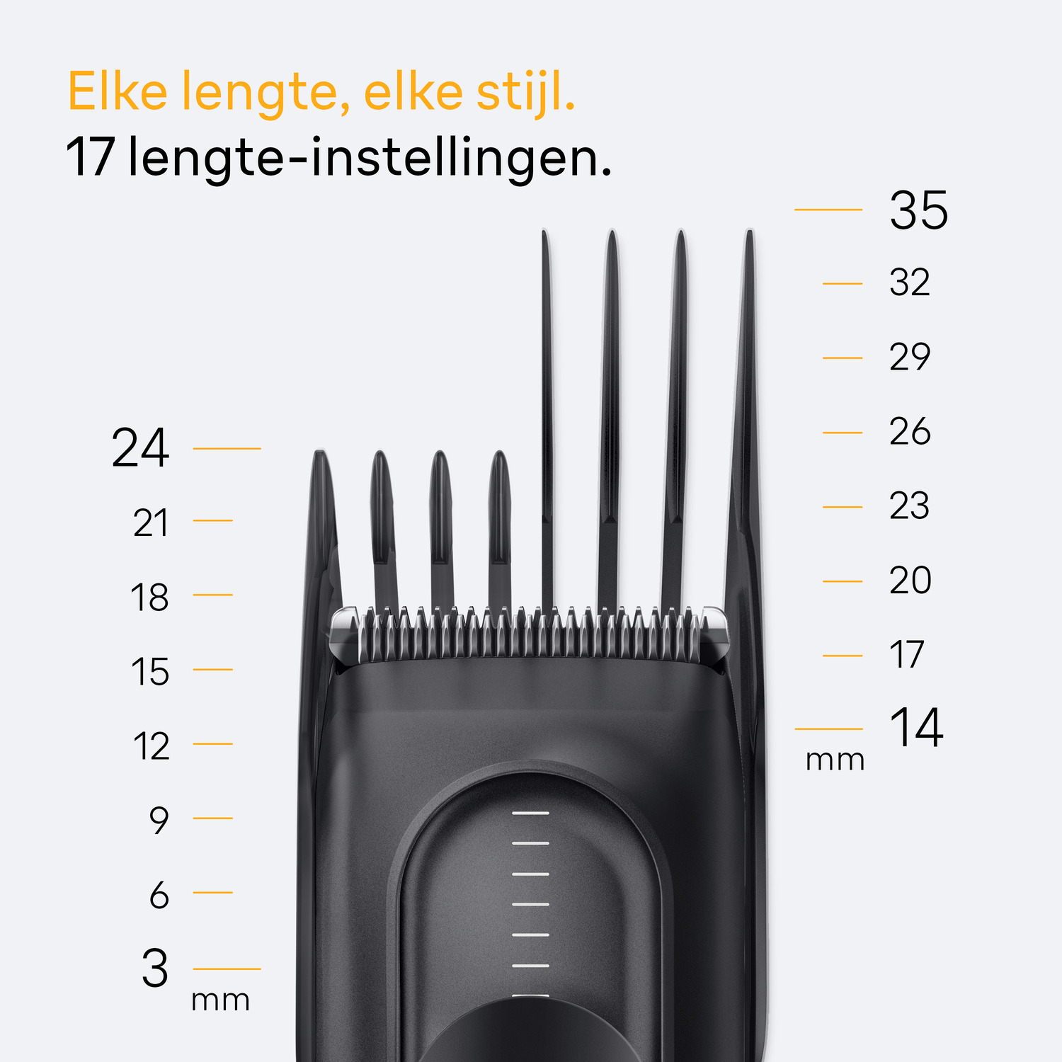Black hair clipper with length settings, text in Dutch. Numbers, and text are in white.