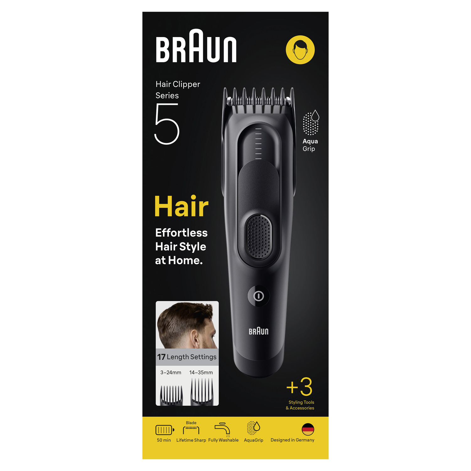 Boîte de tondeuse à cheveux Braun. Tondeuse noire, texte: Cheveux. 17 réglages de longueur. 50 min. Affûtage à vie, entièrement lavable.