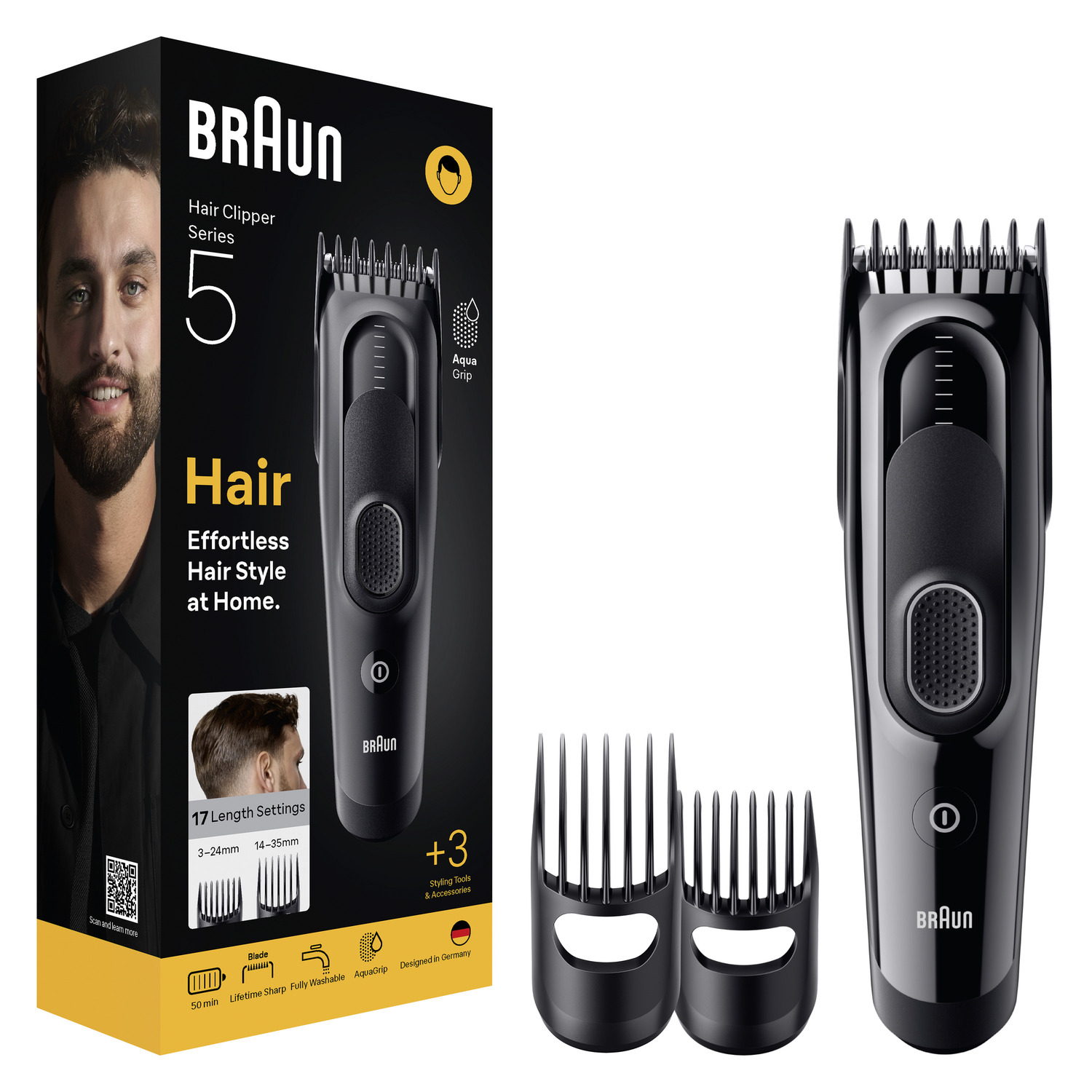 Boîte avec une tondeuse à cheveux Braun, accessoires et image.