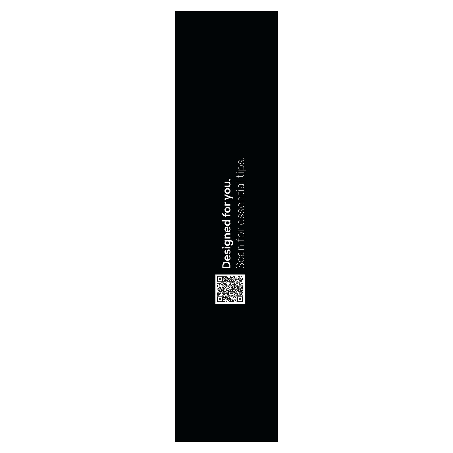 Fond noir avec un code QR et texte: Conçu pour vous. Scannez pour des conseils essentiels.