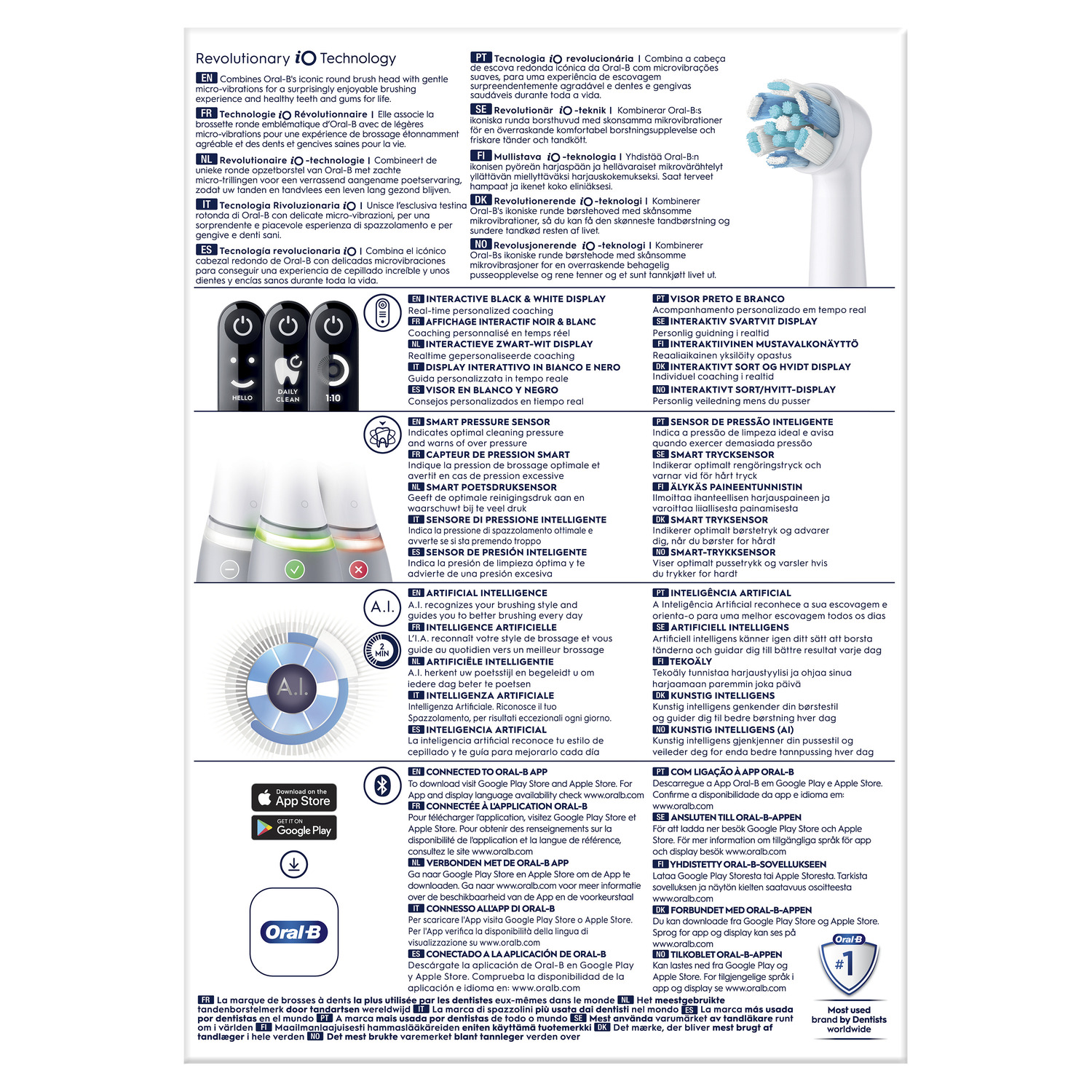 Oral-B iO electric toothbrush: features and app connectivity. Text in multiple languages. Icons and images.