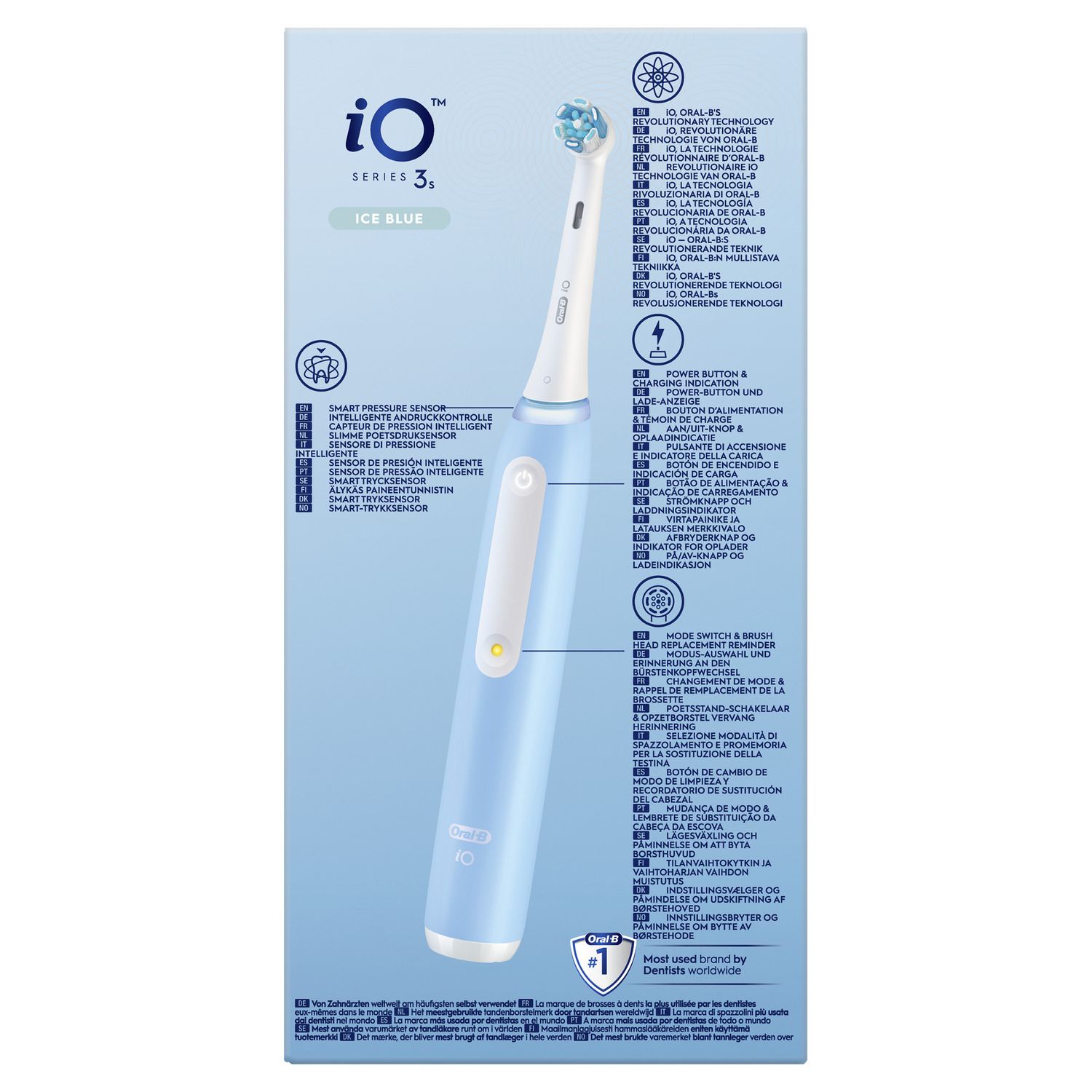 Oral-B iO Series 3 electric toothbrush: Ice Blue. Features and icons. Packaging with text.