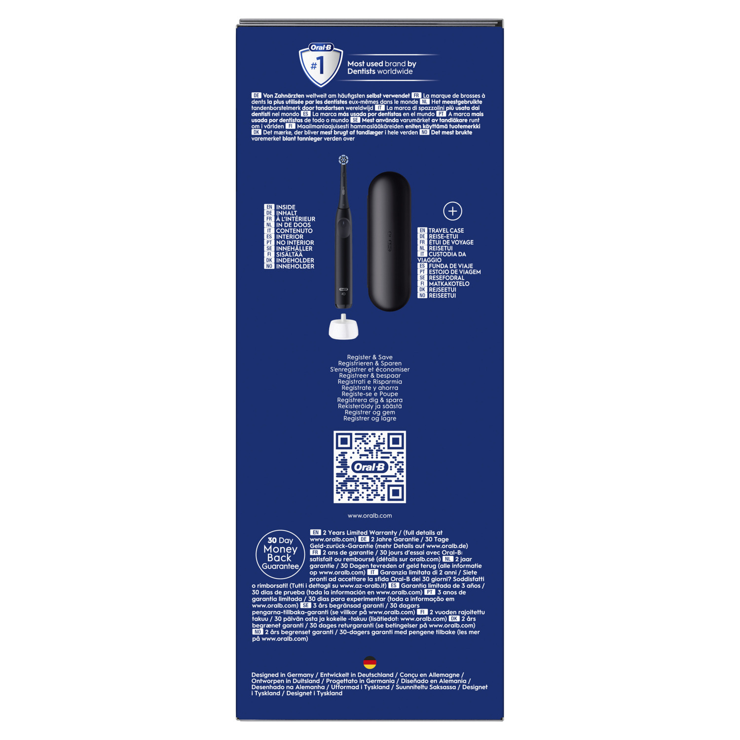 Backside of an Oral-B product box, with a toothbrush, text, and a QR code.
