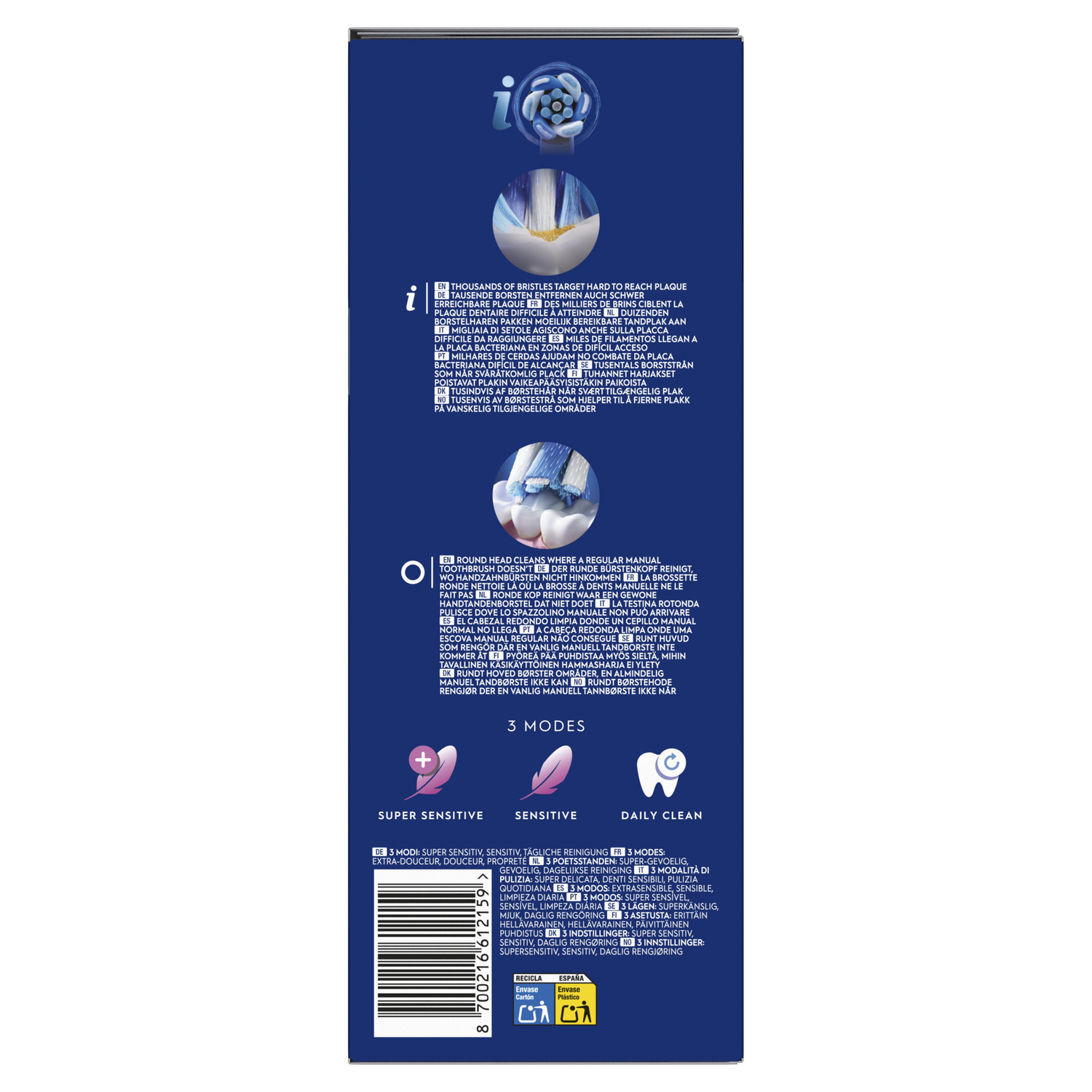 Toothbrush head, close up. 3 modes: Super Sensitive, Sensitive, Daily Clean. Text in multiple languages.