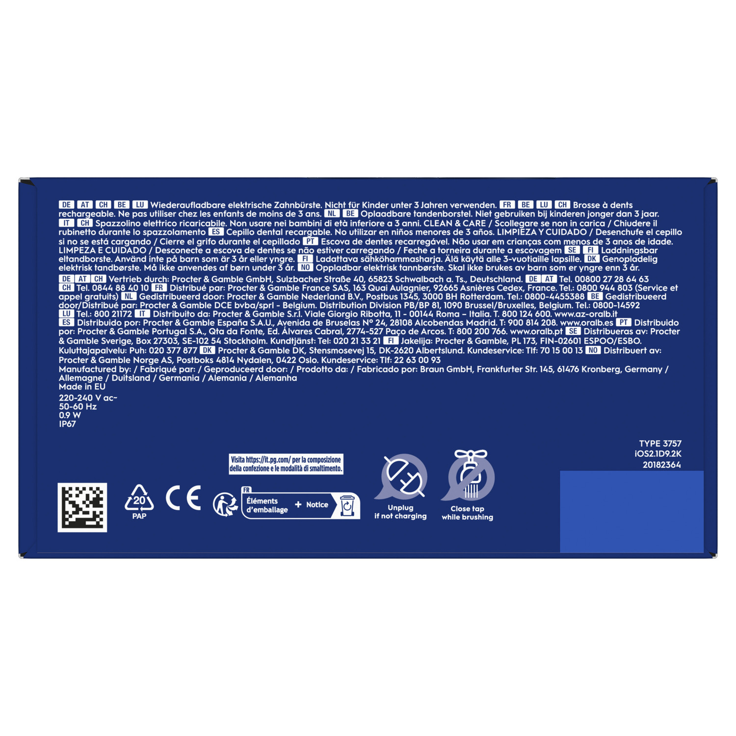 Box with text in multiple languages, for electric toothbrushes, with details about the product.