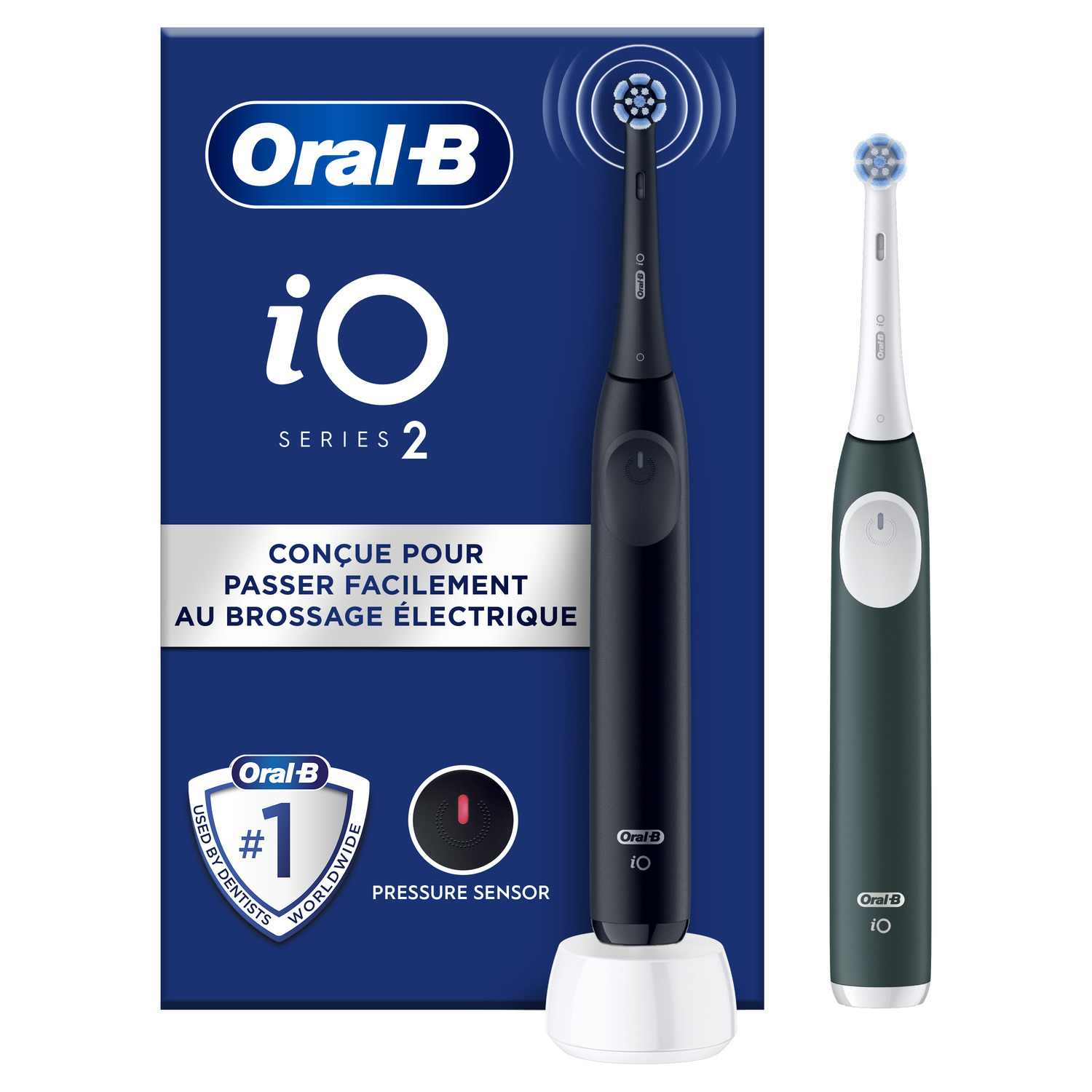 Brosse à dents électrique Oral-B iO Series 2 en noir et vert, avec socle de chargement.