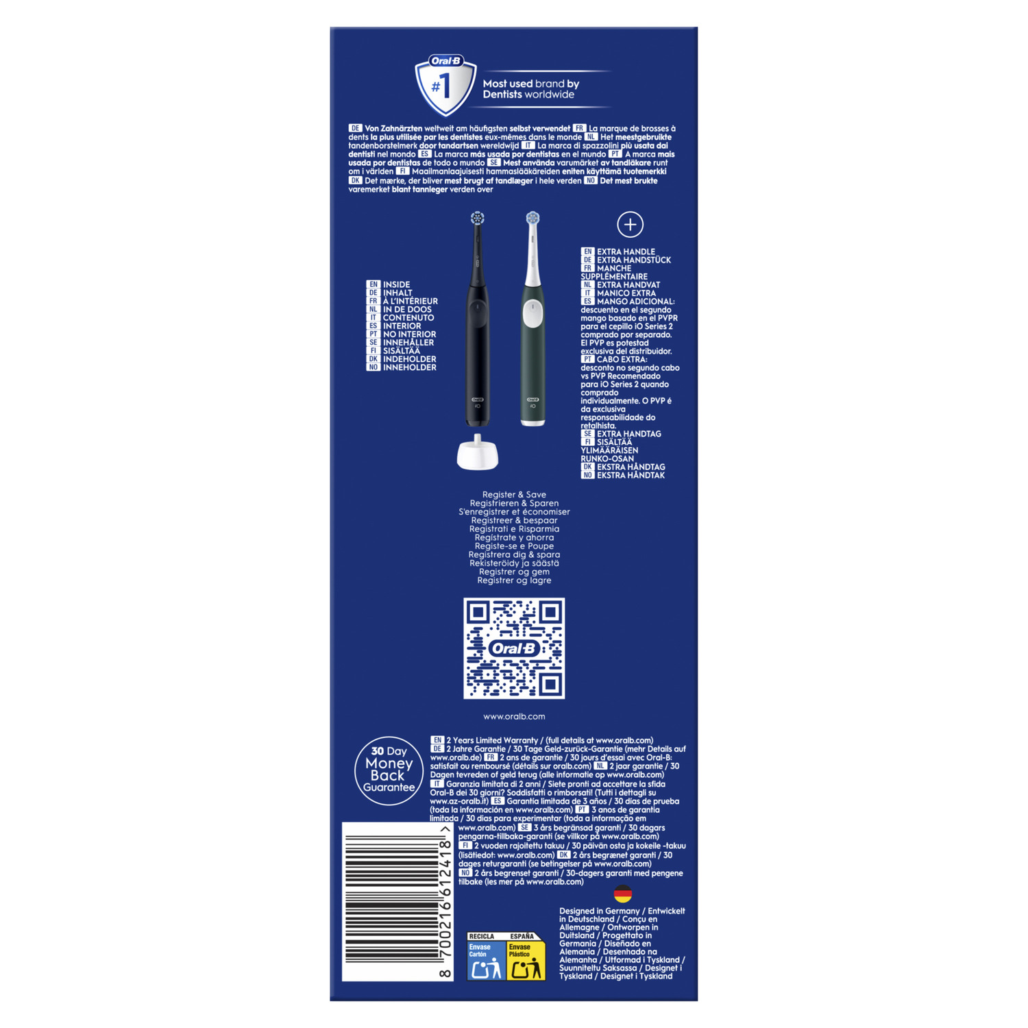 Dos de la boîte de la brosse à dents électrique Oral-B iO Series 2, avec informations produit.