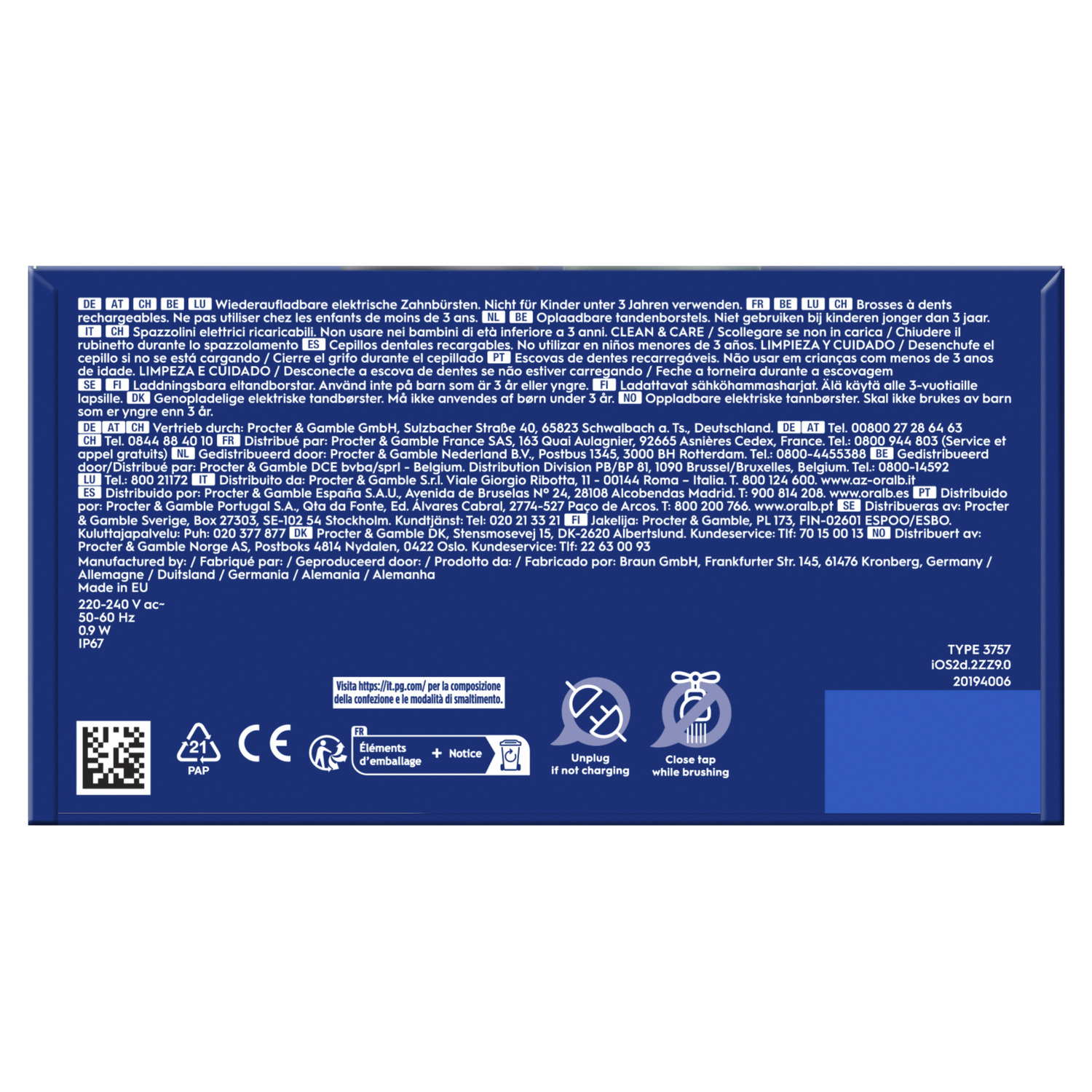 Boîte avec texte en plusieurs langues, pour brosses à dents électriques, avec détails sur le produit.