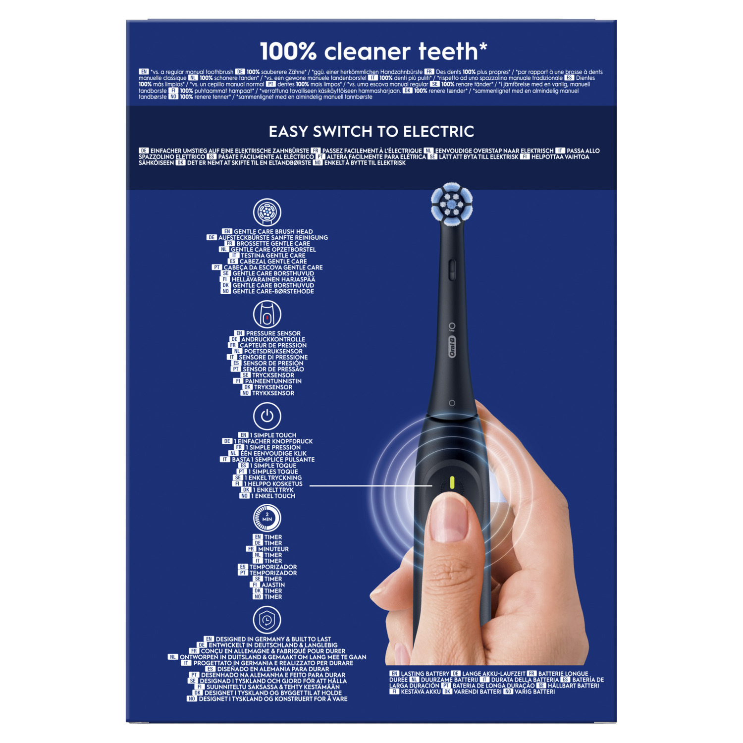 Brosse à dents électrique noire avec fonctionnalités mises en évidence, dont minuterie, capteur de pression et batterie.