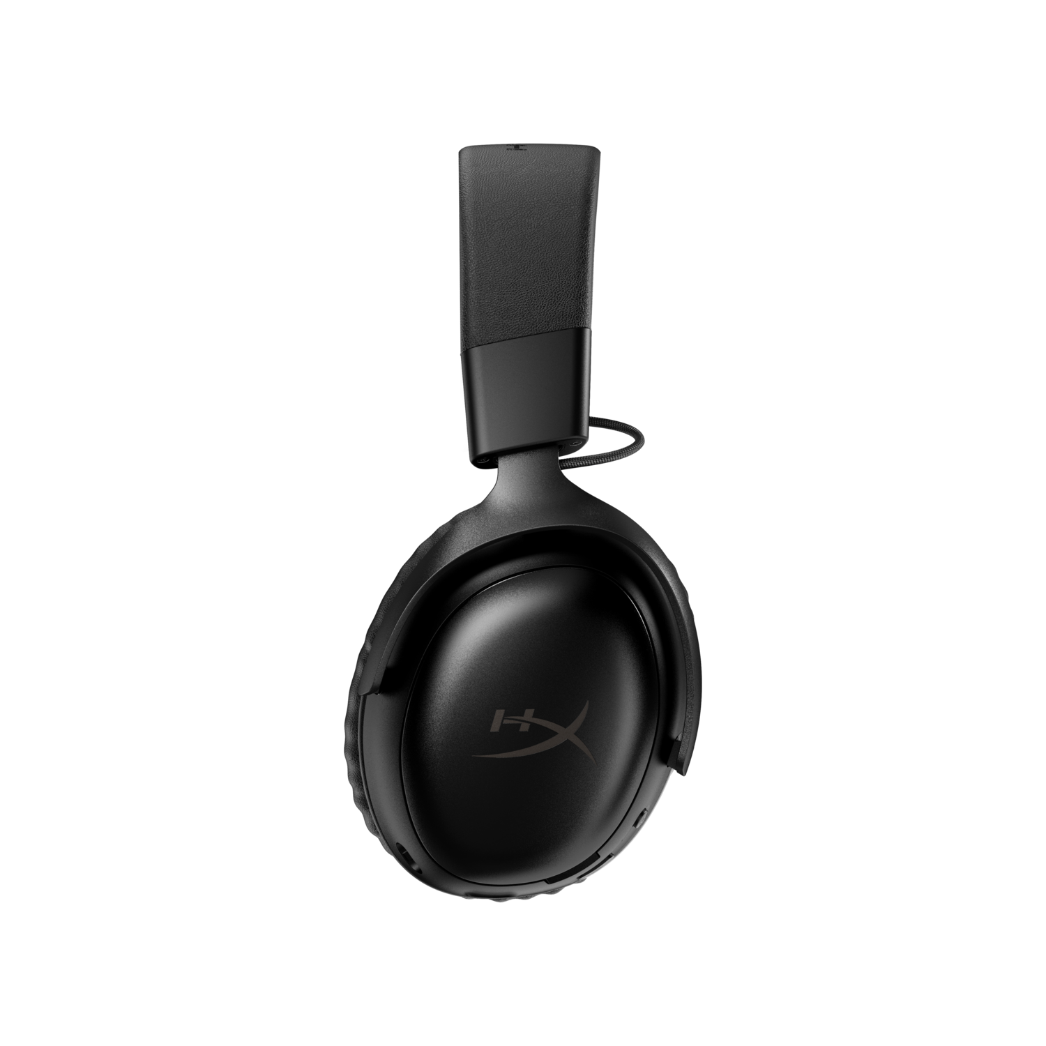 Casque de jeu noir HyperX Cloud Alpha, vue de dessus, sur fond noir.