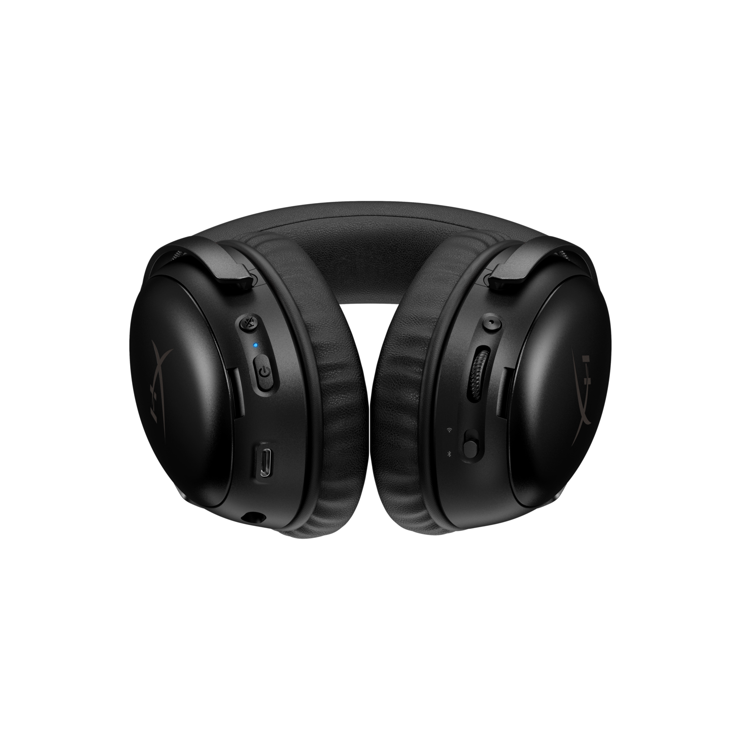 Casque de jeu HyperX noir, vue de face, sur fond noir, avec boutons et commandes.