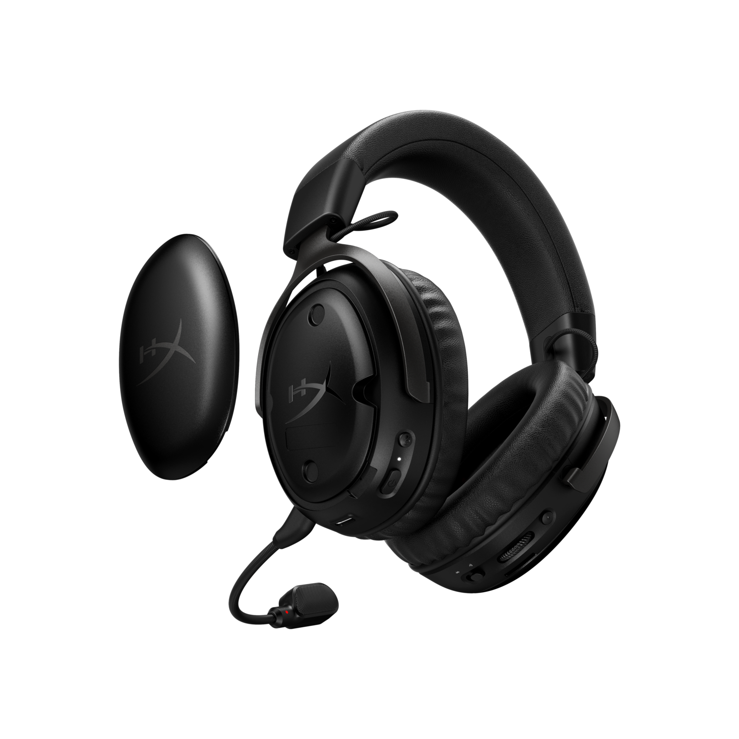 Casque de jeu HyperX noir avec micro et adaptateur sans fil, sur fond noir.