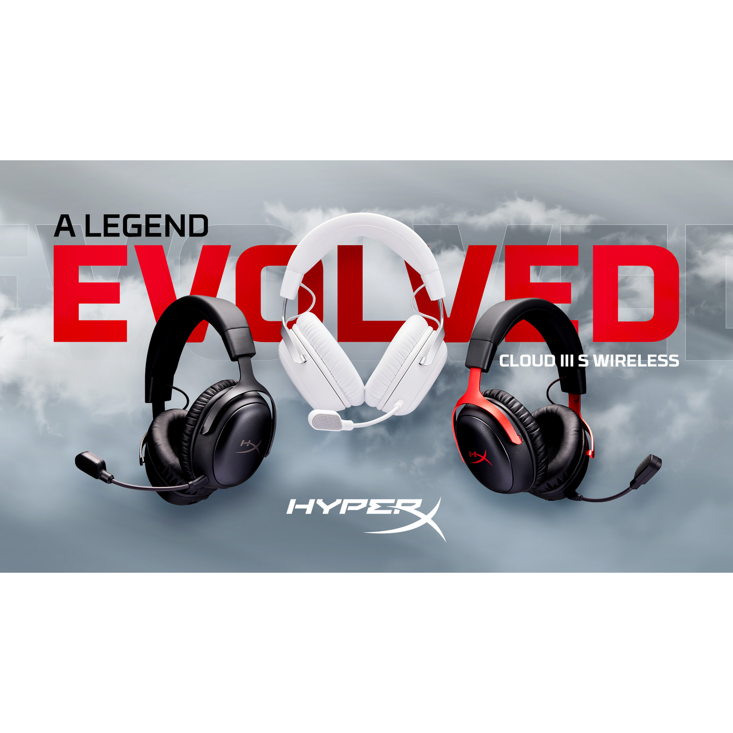 Trois casques sans fil HyperX Cloud III : noir, blanc et rouge, avec superposition de texte.