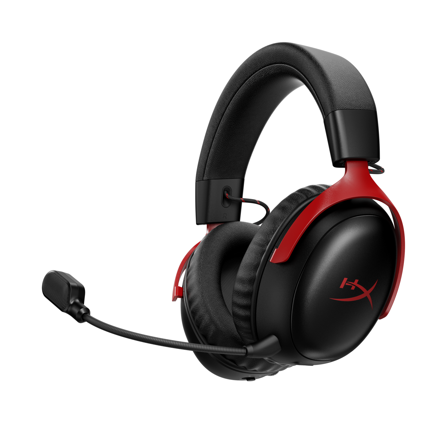 Black and red headset with microphone, left profile view.