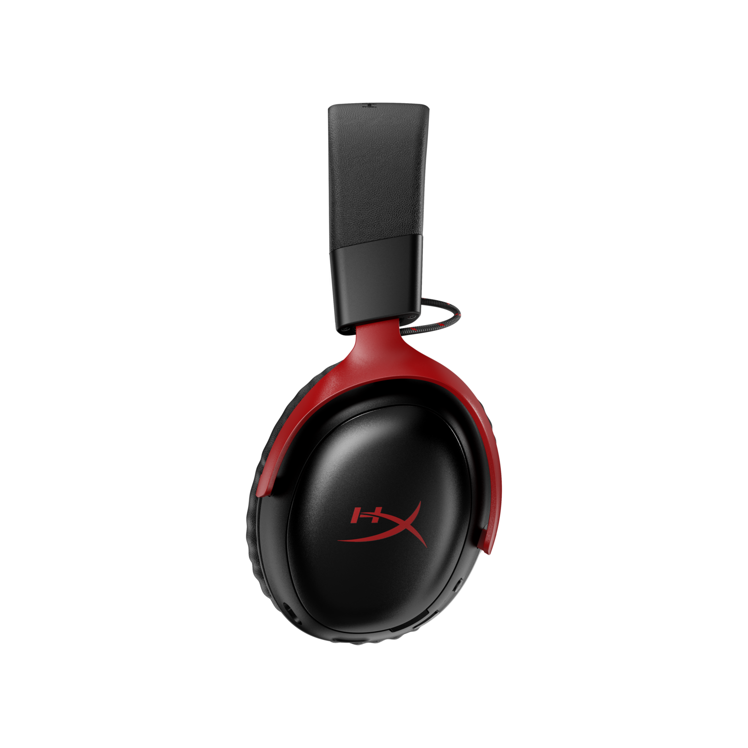 Black and red headset side view with HyperX logo.