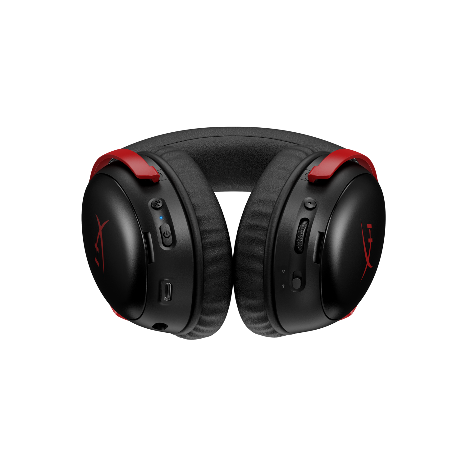 Black and red headset, front view with controls.