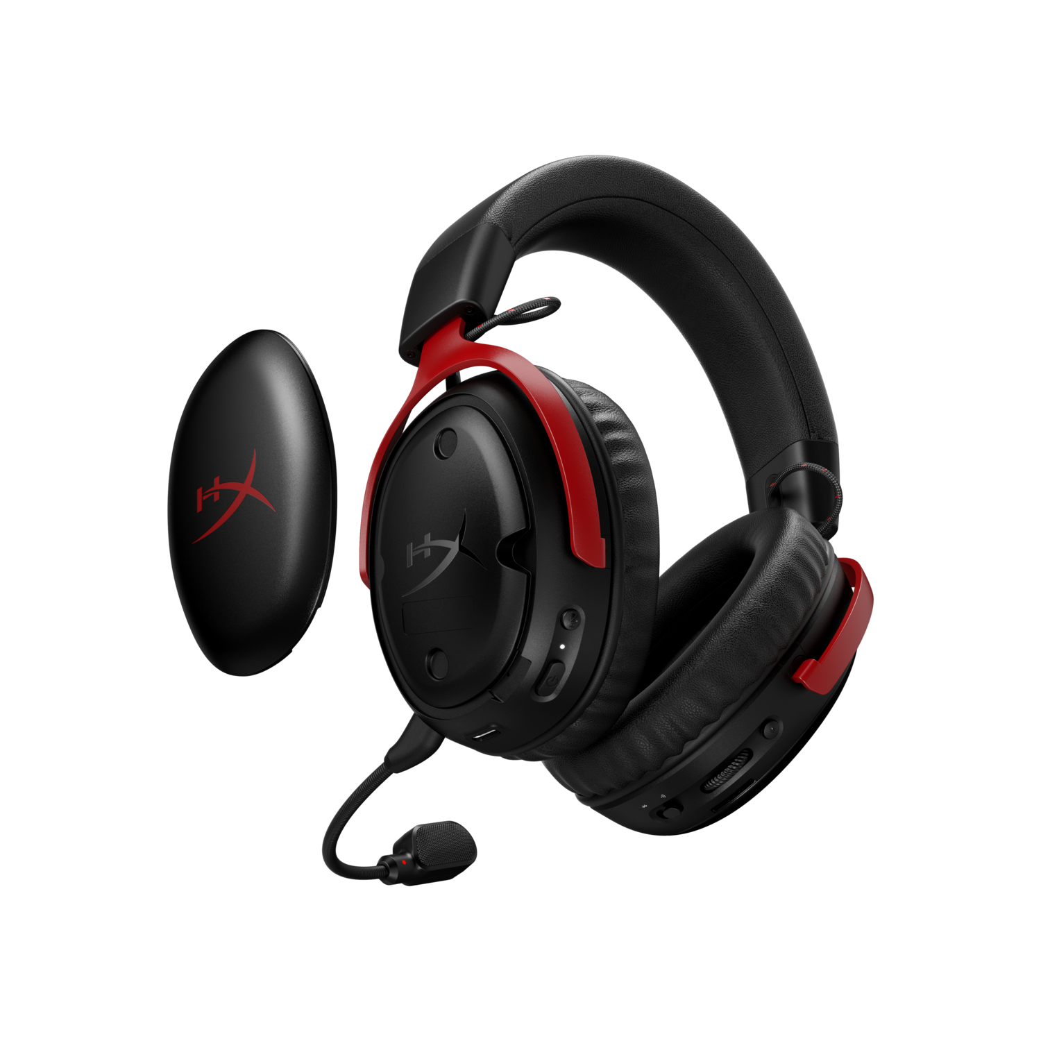 Black and red headset with an additional case.