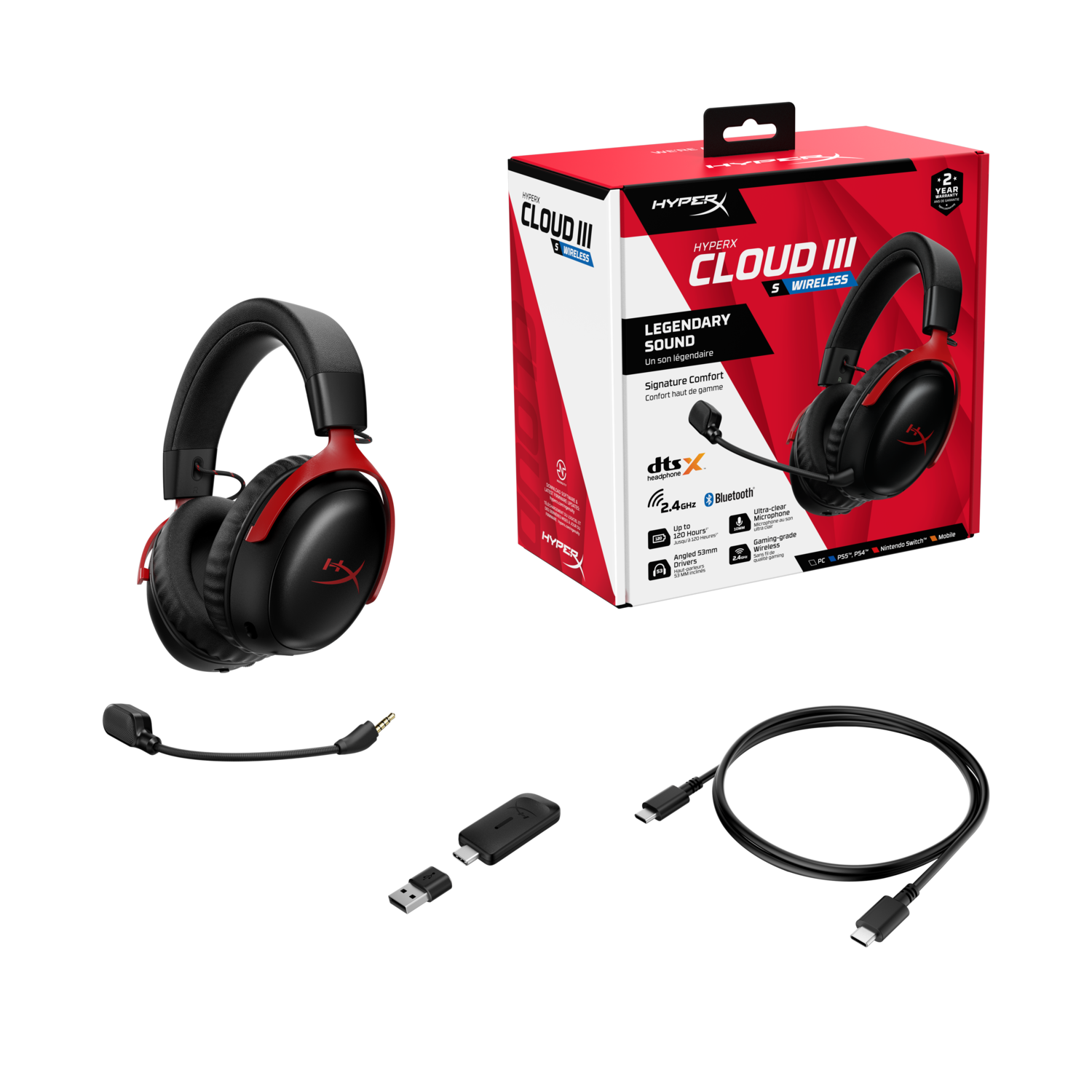 Black and red headset and accessories on a black surface.