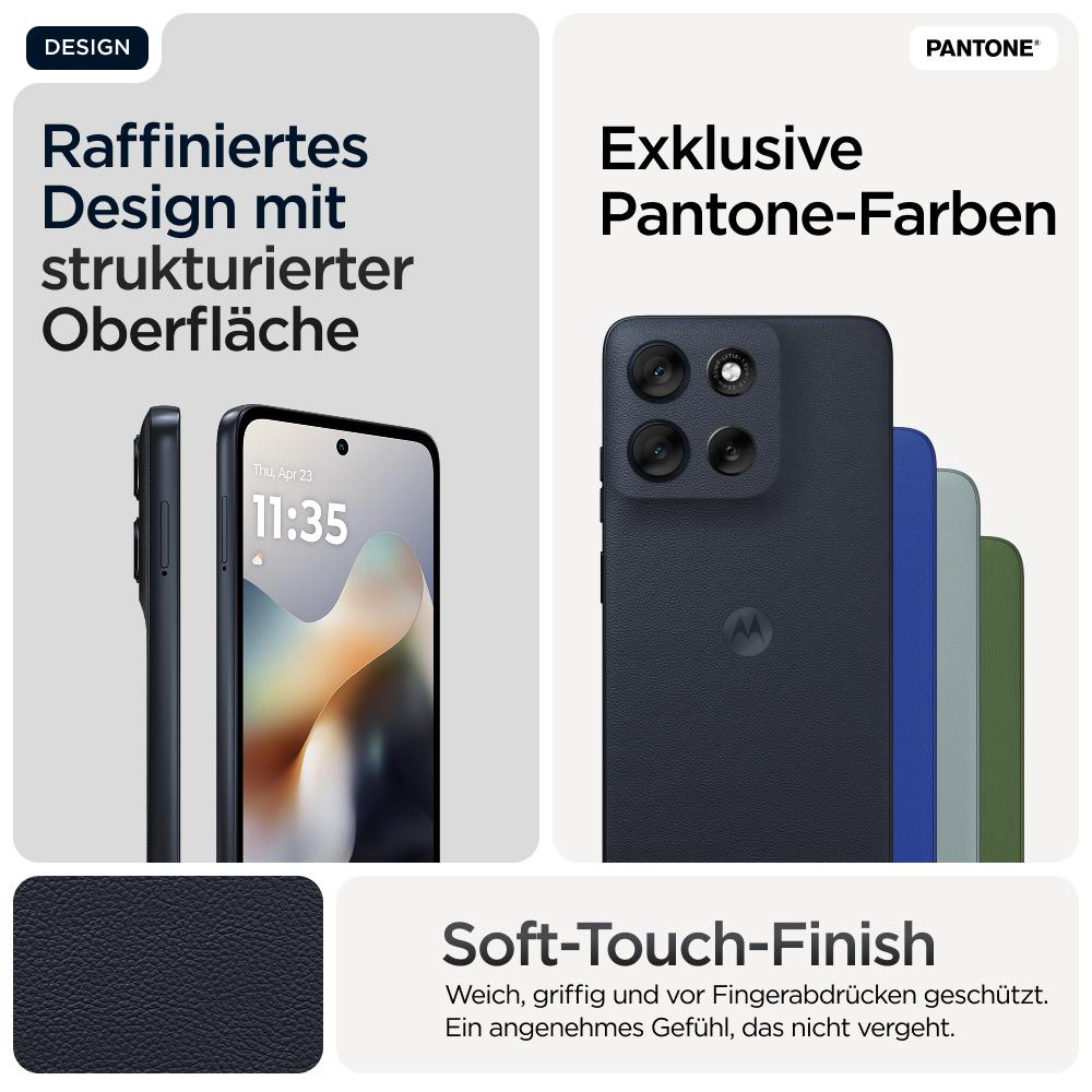 Telefon mit strukturierter Rückseite, Seitenansicht und Bildschirm. Design-Details, Pantone-Farben, Soft-Touch-Finish.